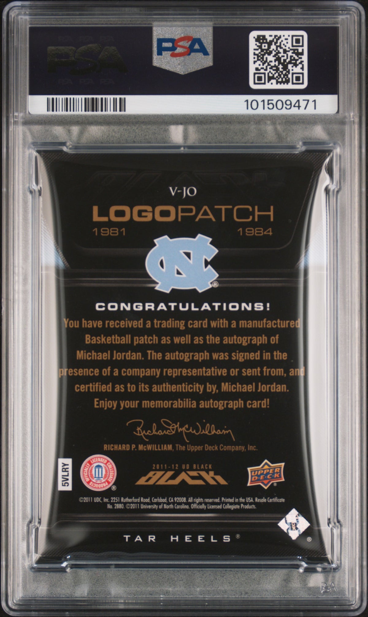 2011 Upper Deck Black College Vault Auto Michael Jordan #V-JO 42/60 PSA Auto 10