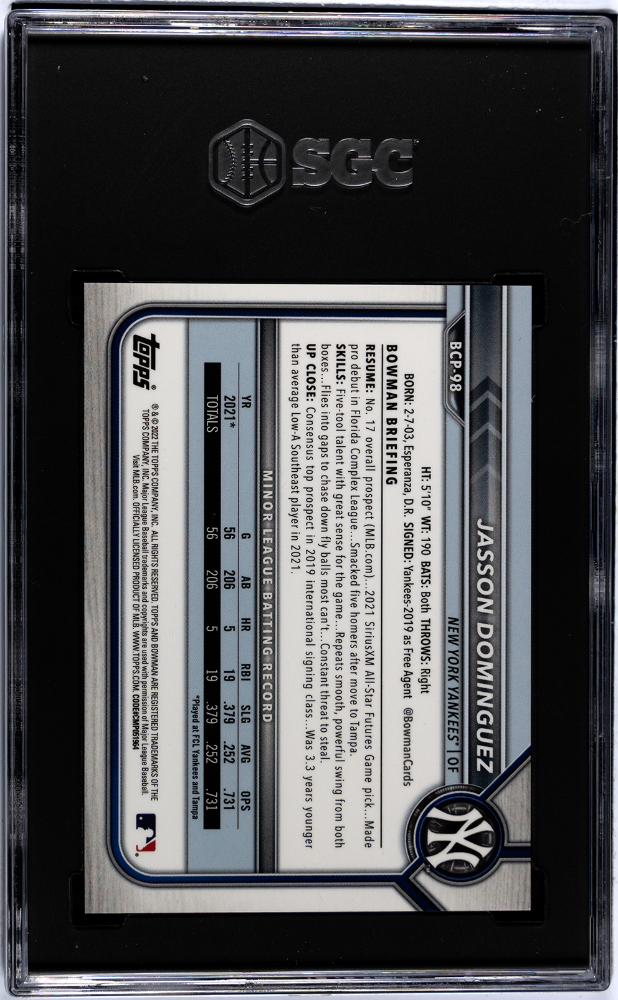 2022 Bowman Sapphire Jasson Dominguez #BCP-98 CHR. Pros. Orange SGC 9.5