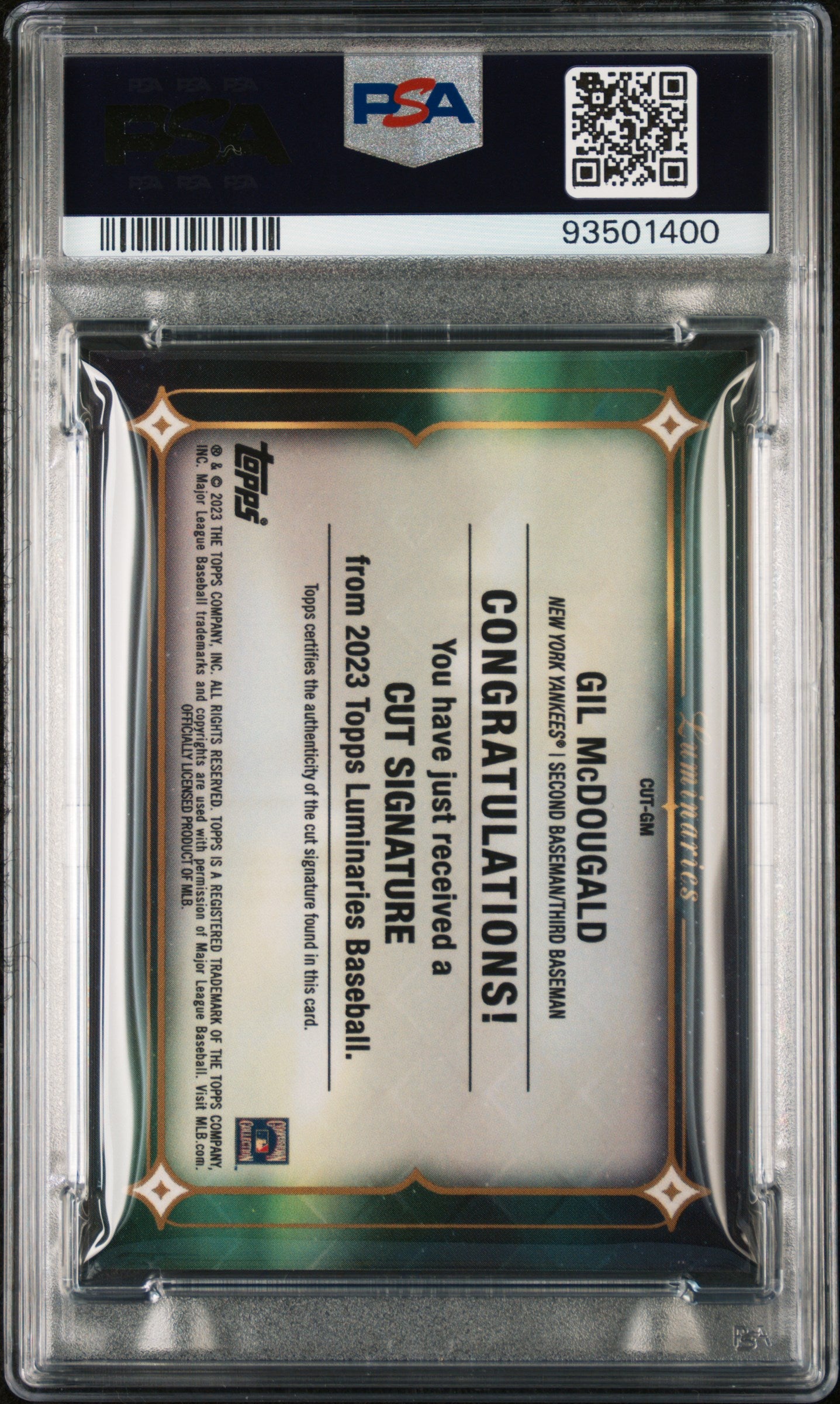 2023 Topps Luminaries Cut Signatures Gil Mcdougald #CUTGM 1/1 PSA 9