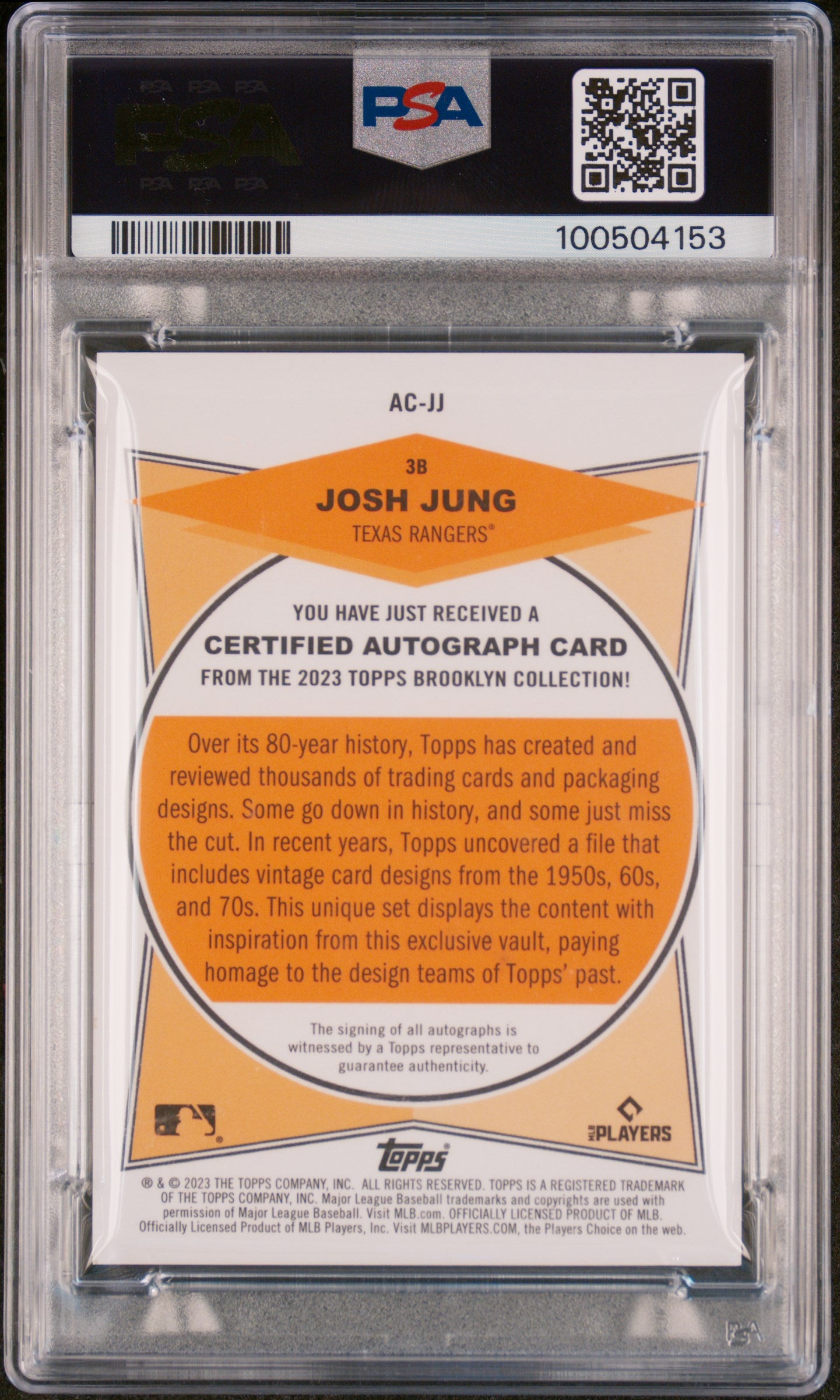2023 Topps Brooklyn Collection Autograph Josh Jung #JJ Black 05/75 PSA 9
