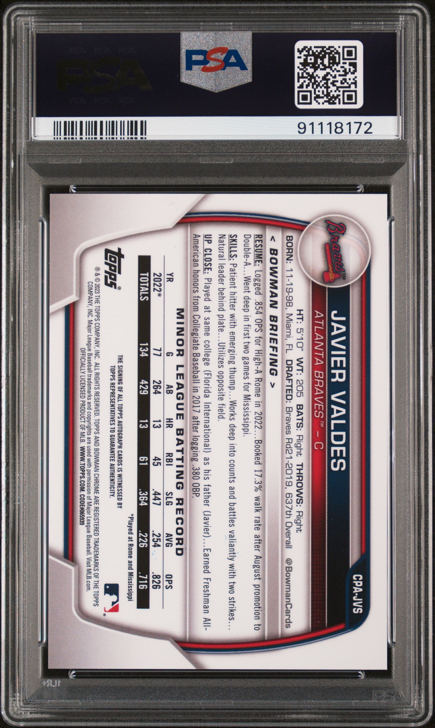 2023 Bowman Chrome Prospect Autographs Javier Valdes #CPAJVS Gold /50 PSA 10