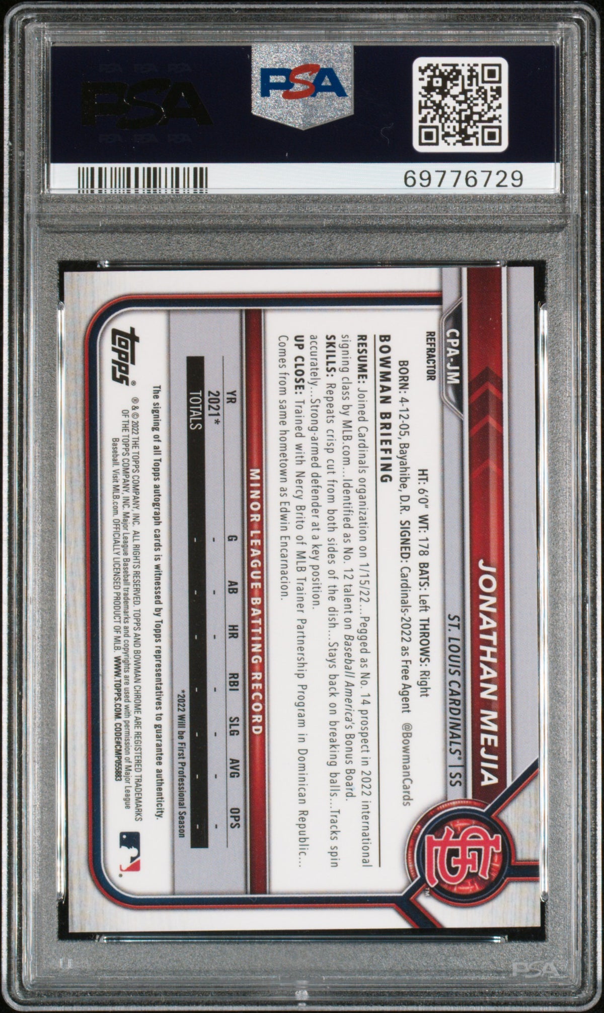 2022 Bowman Chrome Prospect Auto Jonathan Mejia #CPAJM Pros. Auto /499 PSA 10