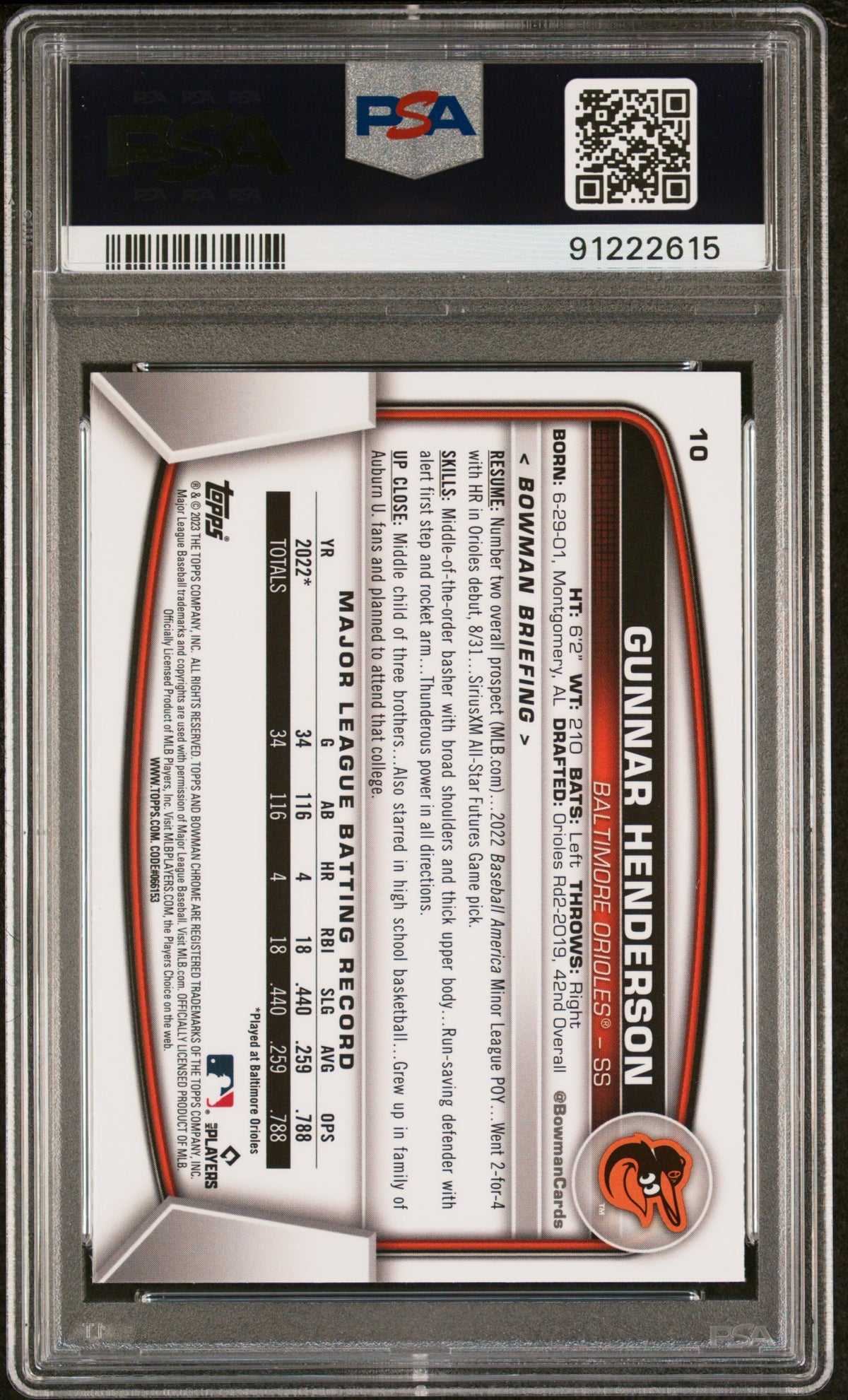 2023 Bowman Chrome Sapphire Edition Gunnar Henderson #10 PSA 10