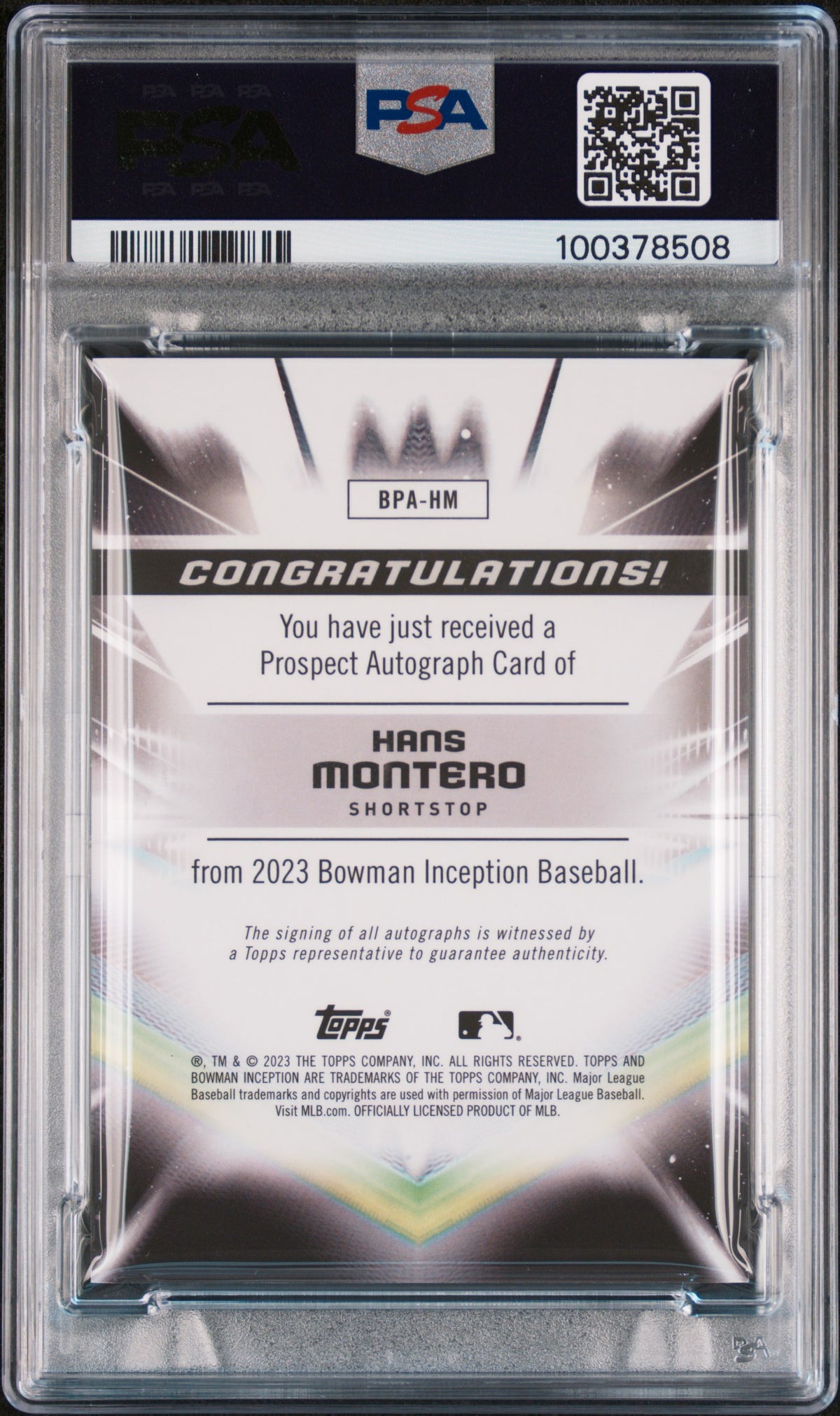 2023 Bowman Inception Autographs Hans Montero #BPAHM 321/399 PSA 10