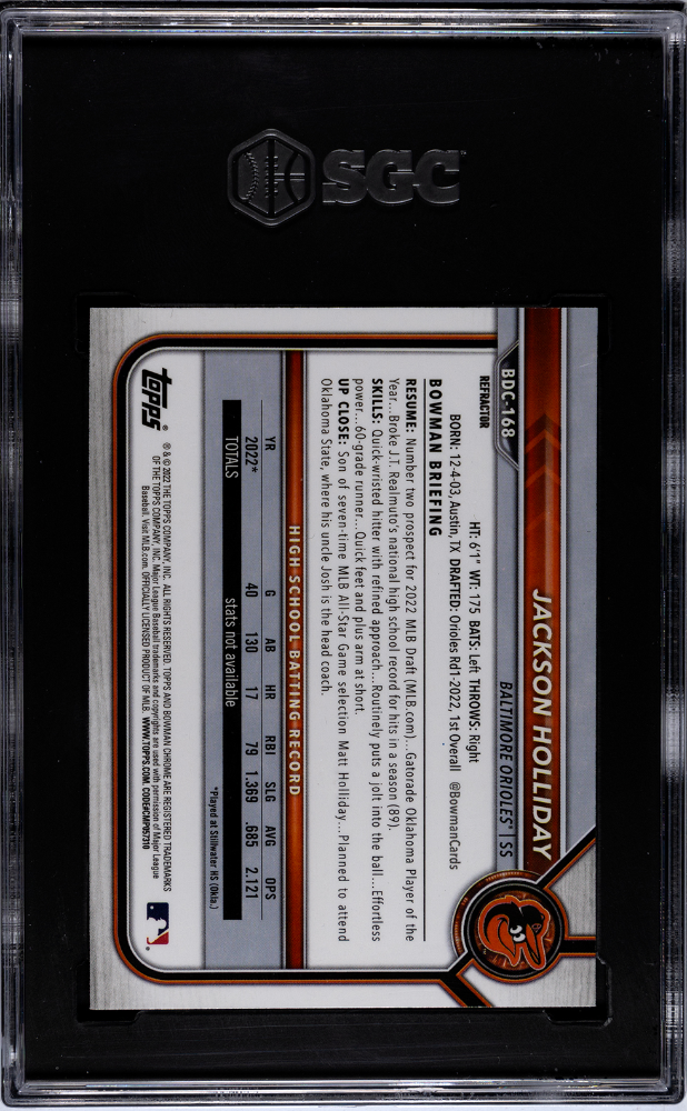 2022 Bowman Draft Jackson Holliday #BDC-168 CHR. Refractor SGC 9