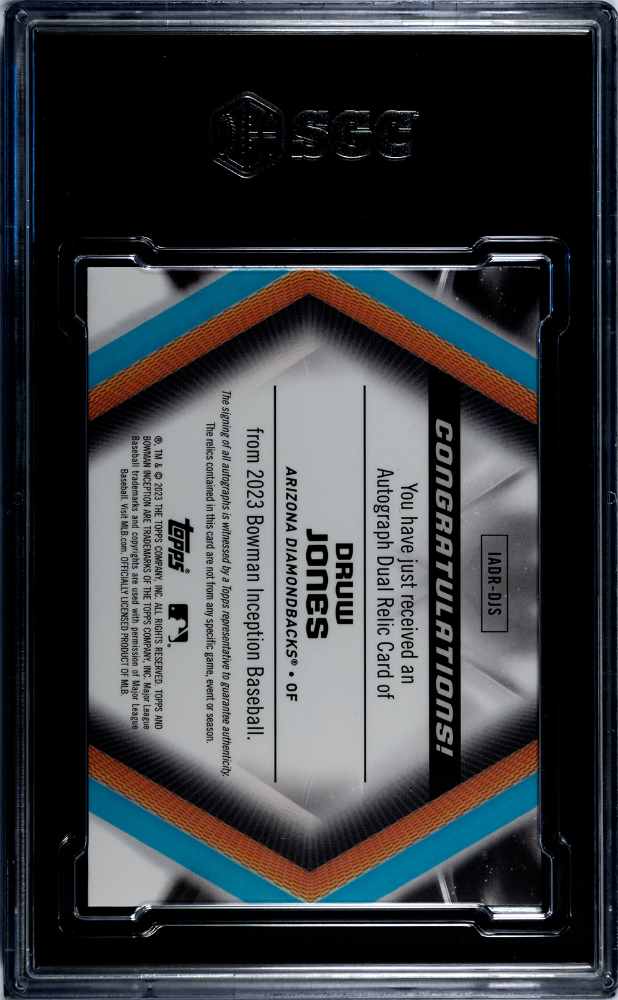 2023 Bowman Inception Druw Jones #IADR-DJS Dual Relic Orange Foil SGC 9 Auto 10
