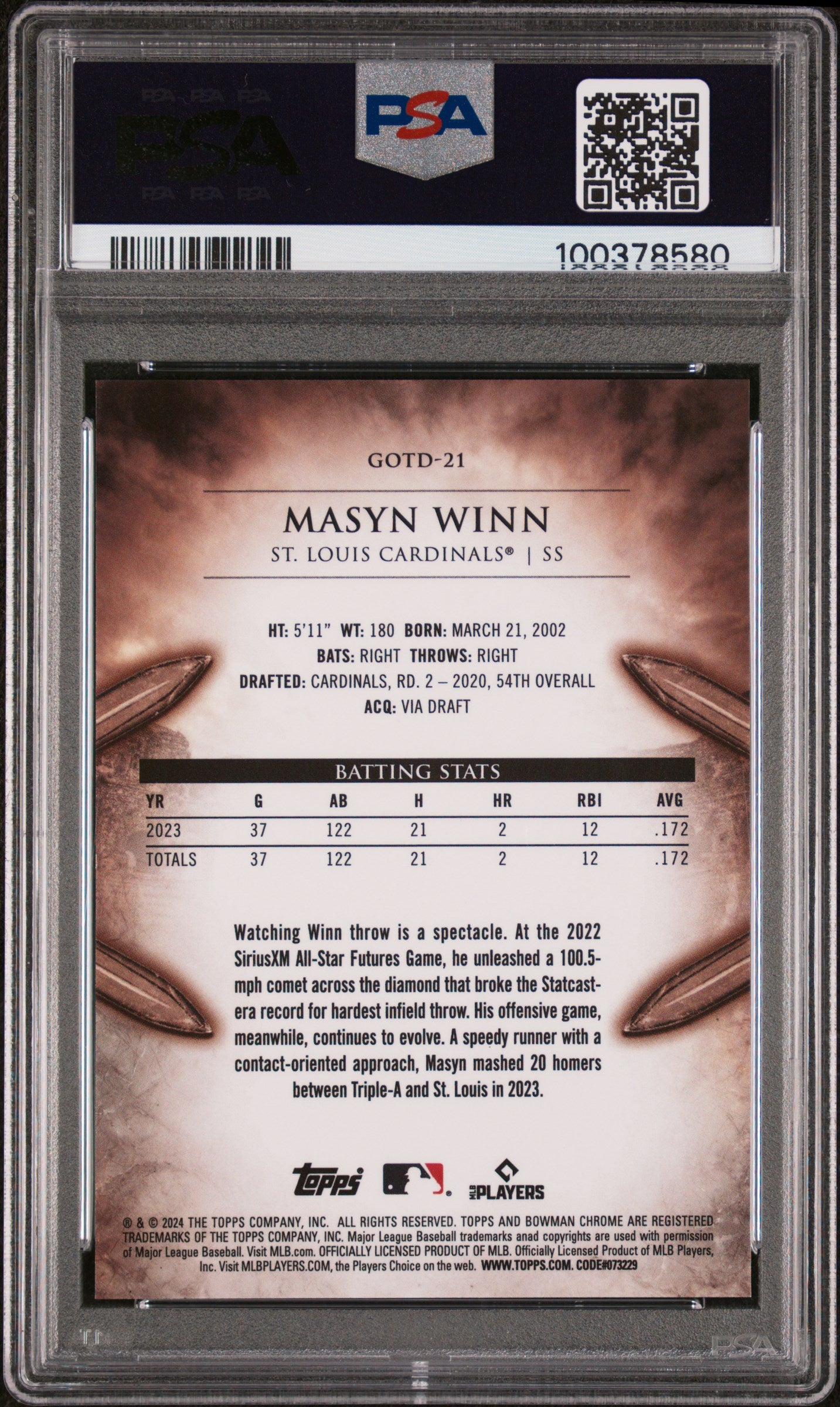 2024 Bowman Gladiators Of The Diamond Masyn Winn #GOTD21 PSA 10