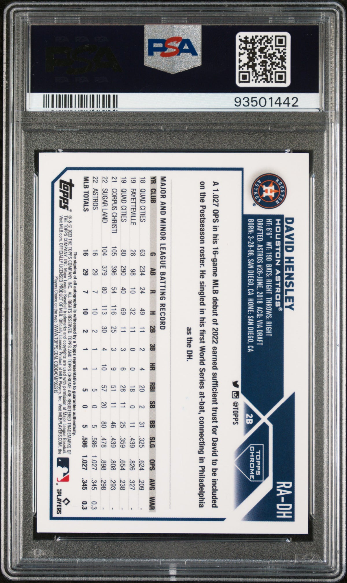 2023 Topps Chrome Rookie Autograph David Hensley #RADH Blue Ref 123/150 PSA 9