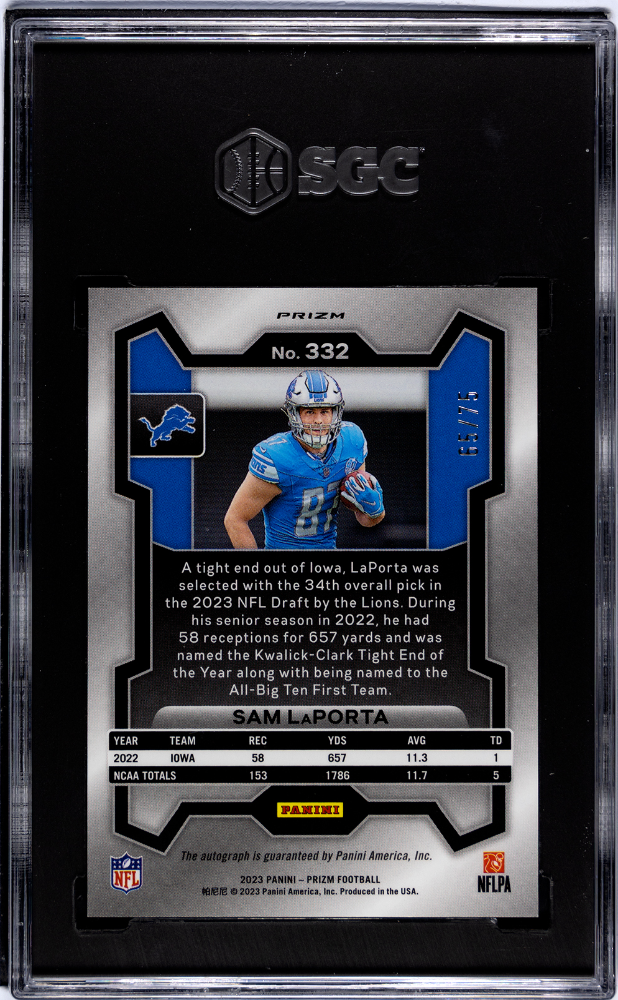 2023 Panini Prizm Sam Laporta #332 Autograph Green Scope SGC 9 Auto 10