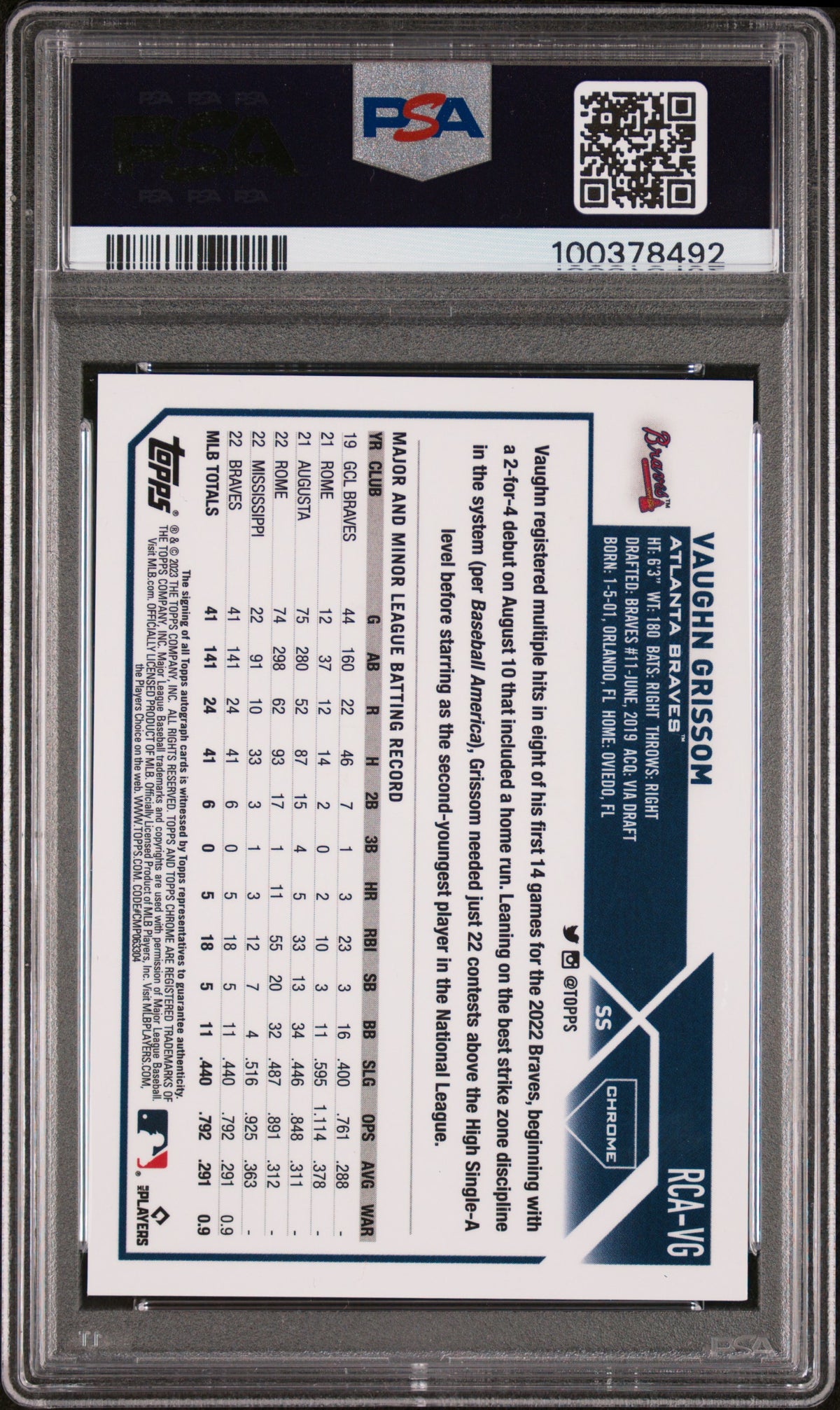 2023 Topps Chrome Logofractor Refractor Chrome Auto Vaughn Grissom #RCAVG PSA 7