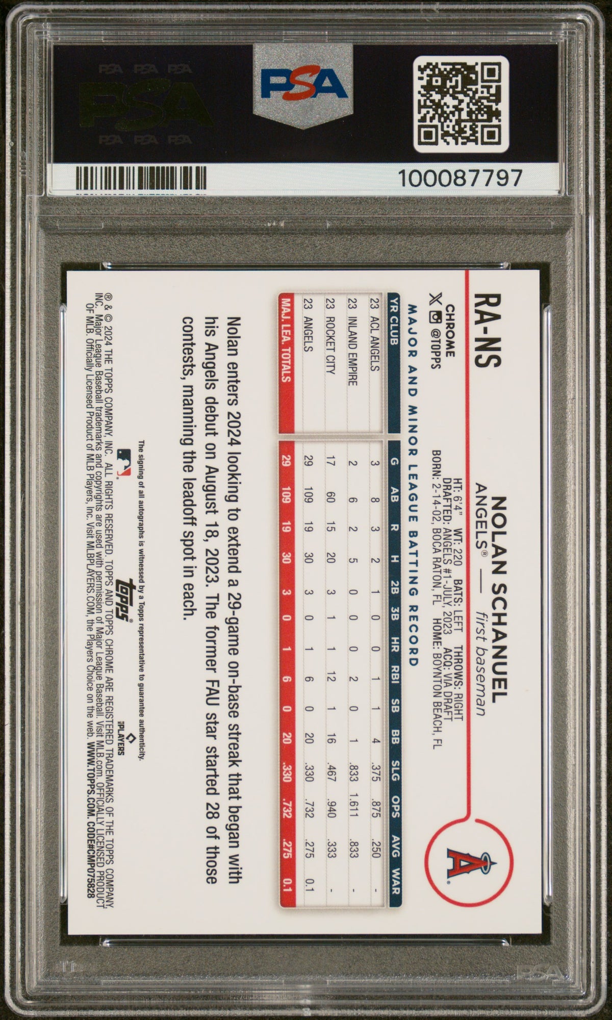 2024 Topps Chrome Rookie Autographs Nolan Schanuel #RANS Orange Ref 12/25 PSA 9