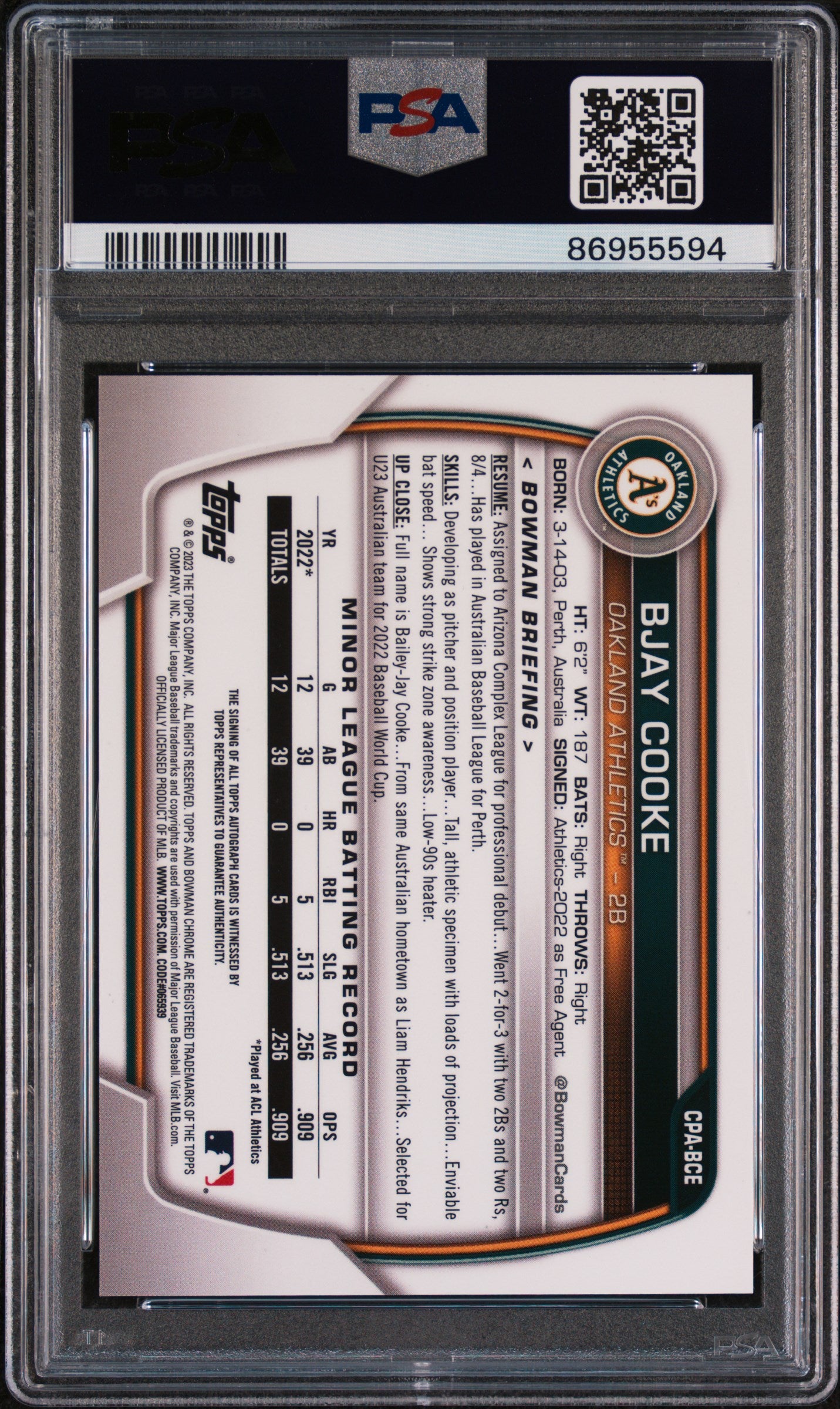2023 Bowman Chrome Prospect Auto Bjay Cooke #CPABCE Purple Ref 024/250 PSA 10