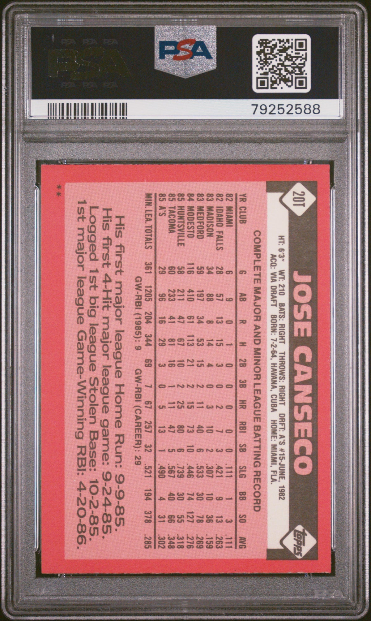 1986 Topps Traded Jose Canseco #20T PSA 8