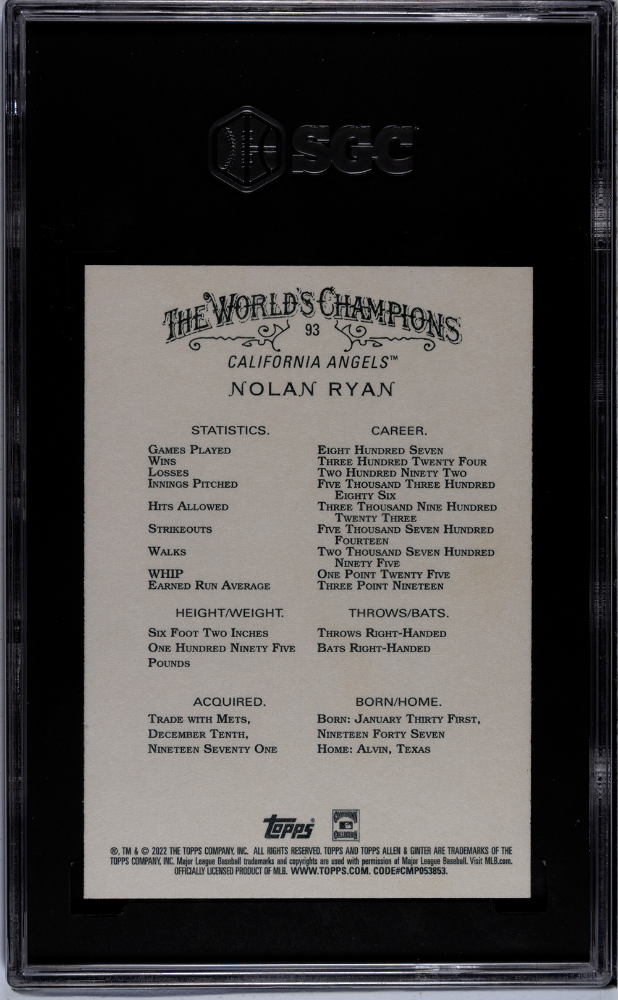 2024 Topps Archives Auto Nolan Ryan #93 Allen & Ginter 1/ 1 SGC A Auto 10