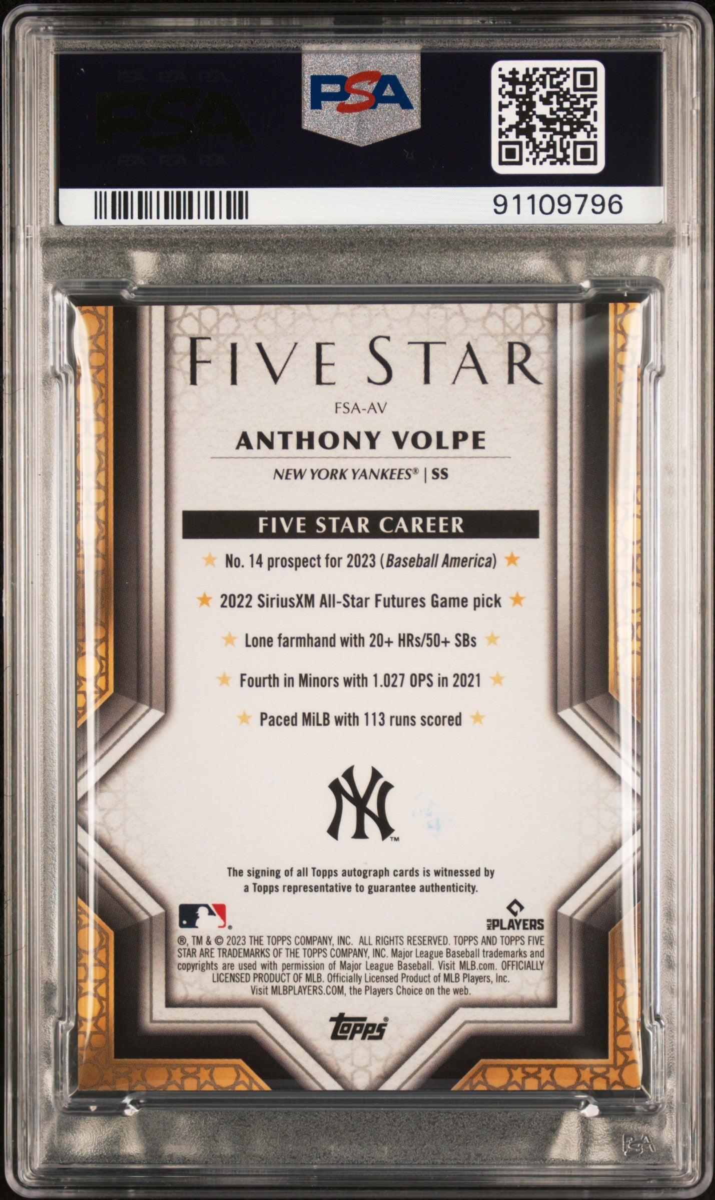 2023 Topps Five Star Autographs Anthony Volpe #FSAAV Blue 17/25 PSA 9