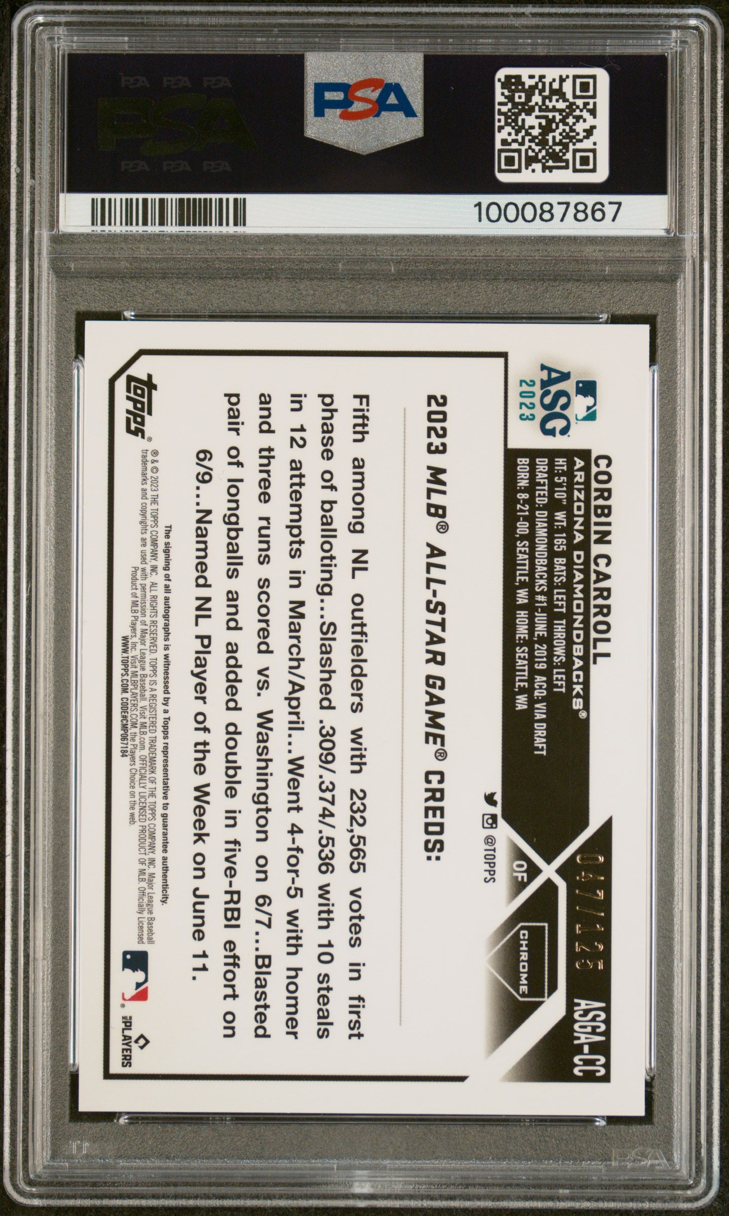 2023 Topps Chrome  2023 All-Star Game Auto Corbin Carroll #CC  X Fractor PSA 10