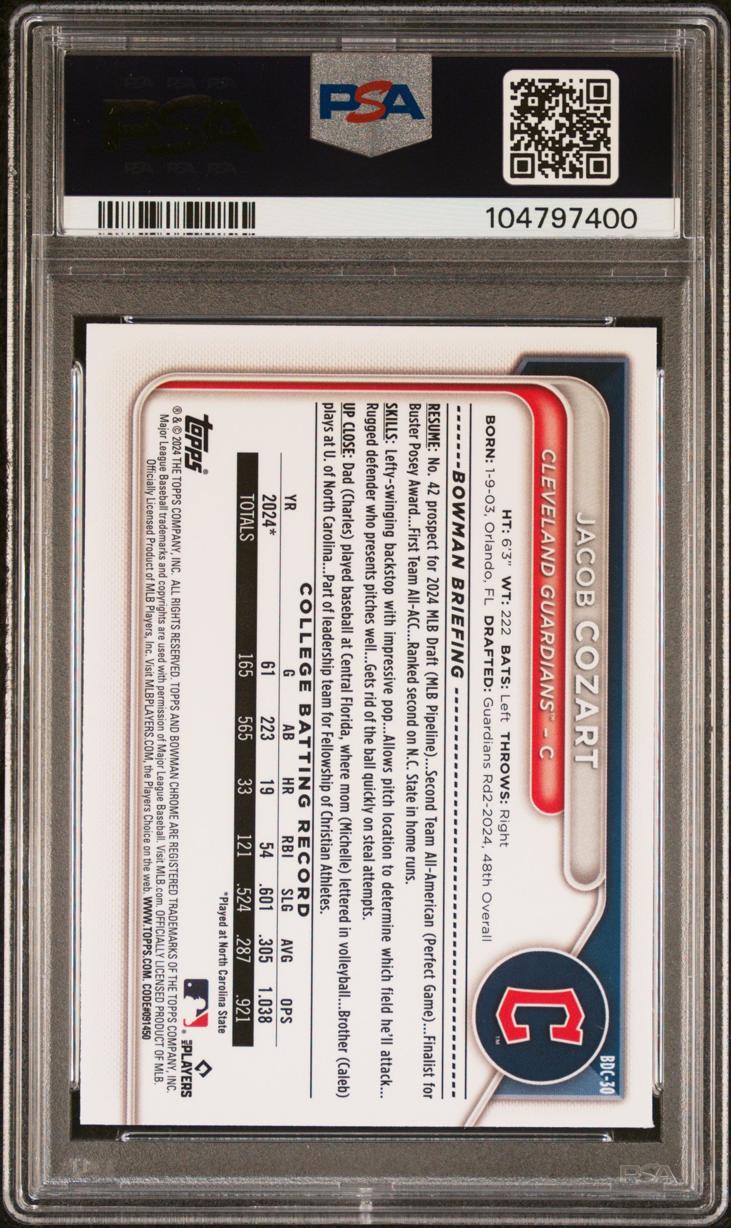 2024 Bowman Draft Jacob Cozart #BDC30 Chrome PSA 9