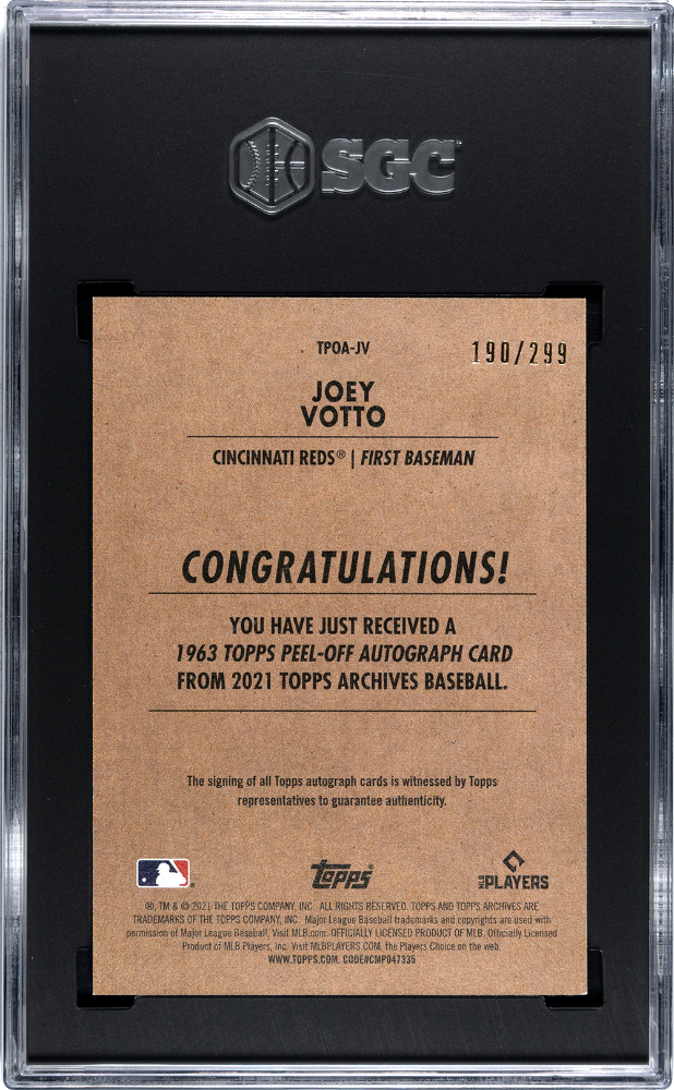2021 Topps Archives Joey Votto #TPOA-JV '63 Peel Off Autograph SGC 9