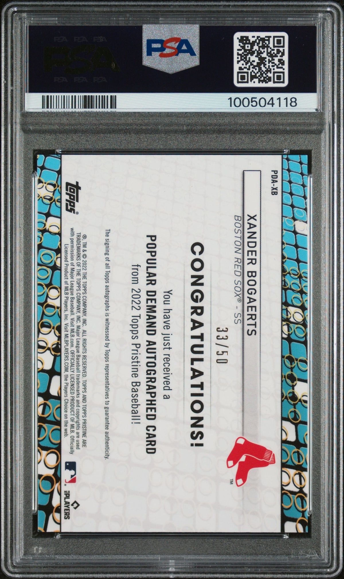 2022 Topps Pristine Popular Auto Xander Bogaerts #PDA-XB Pop. Demand Gold PSA 10