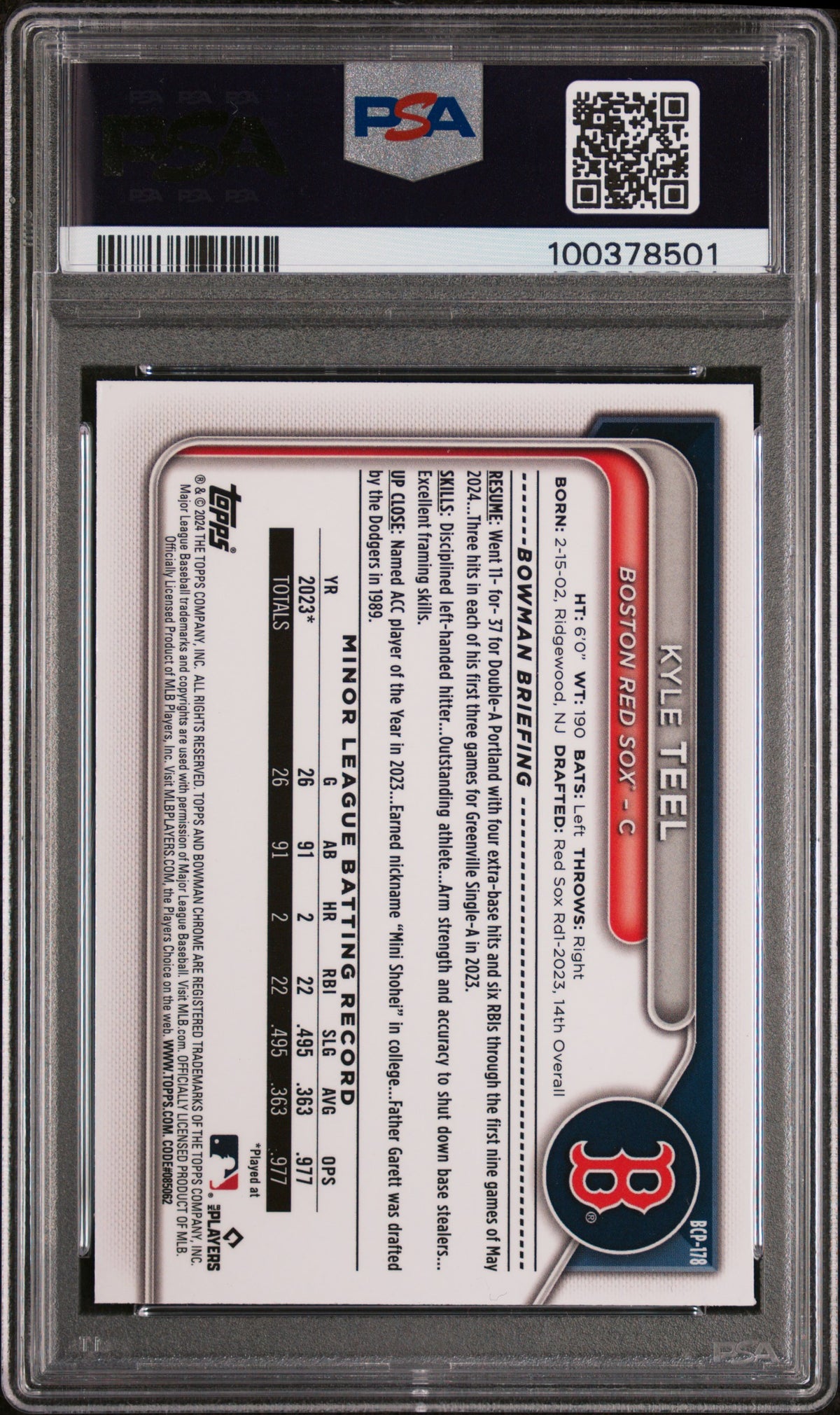 2024 Bowman Chrome Prospects Kyle Teel #BCP178 Purple Ref 194/250 PSA 9