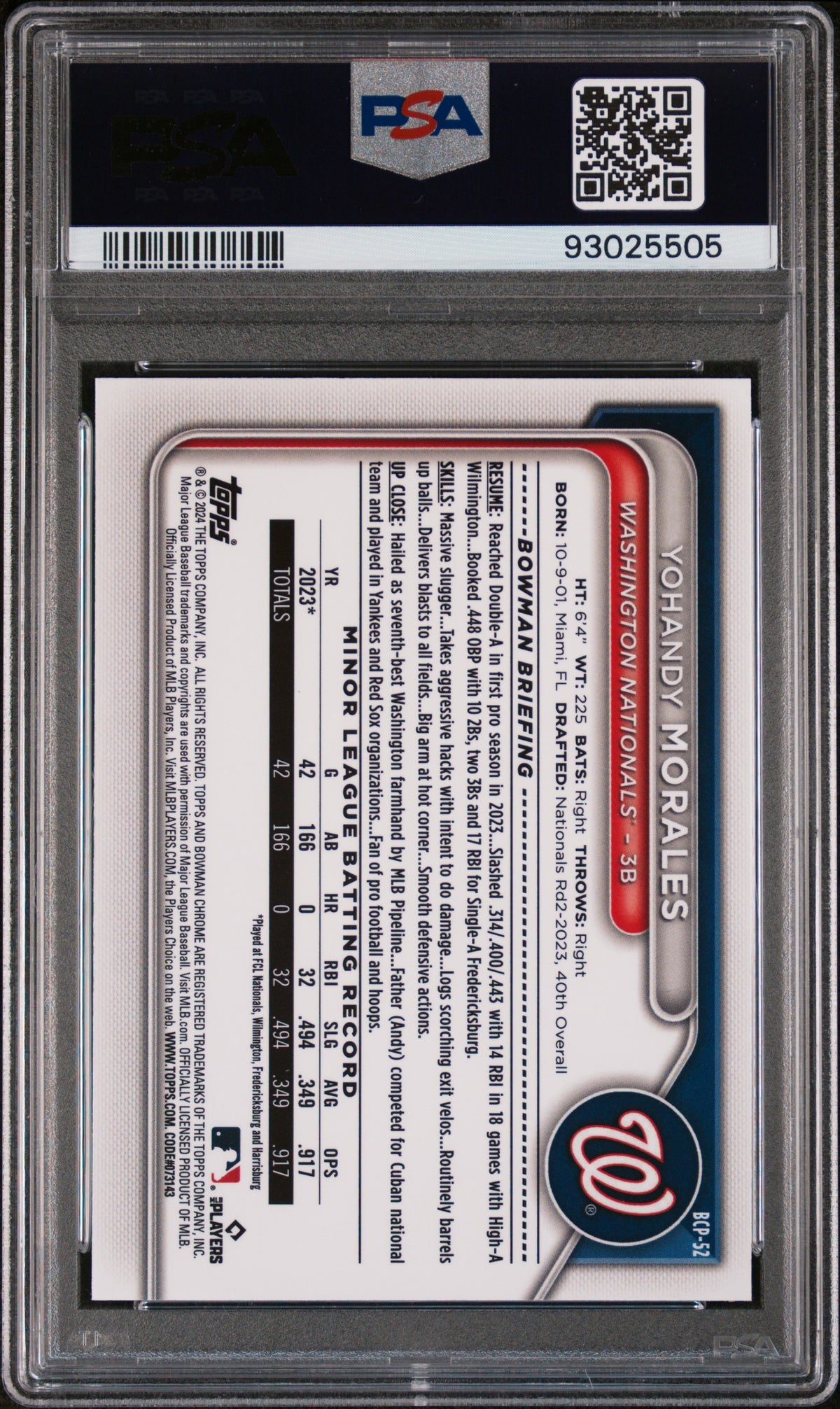 2024 Bowman Chrome Prospects Yohandy Morales #BCP52 PSA 9