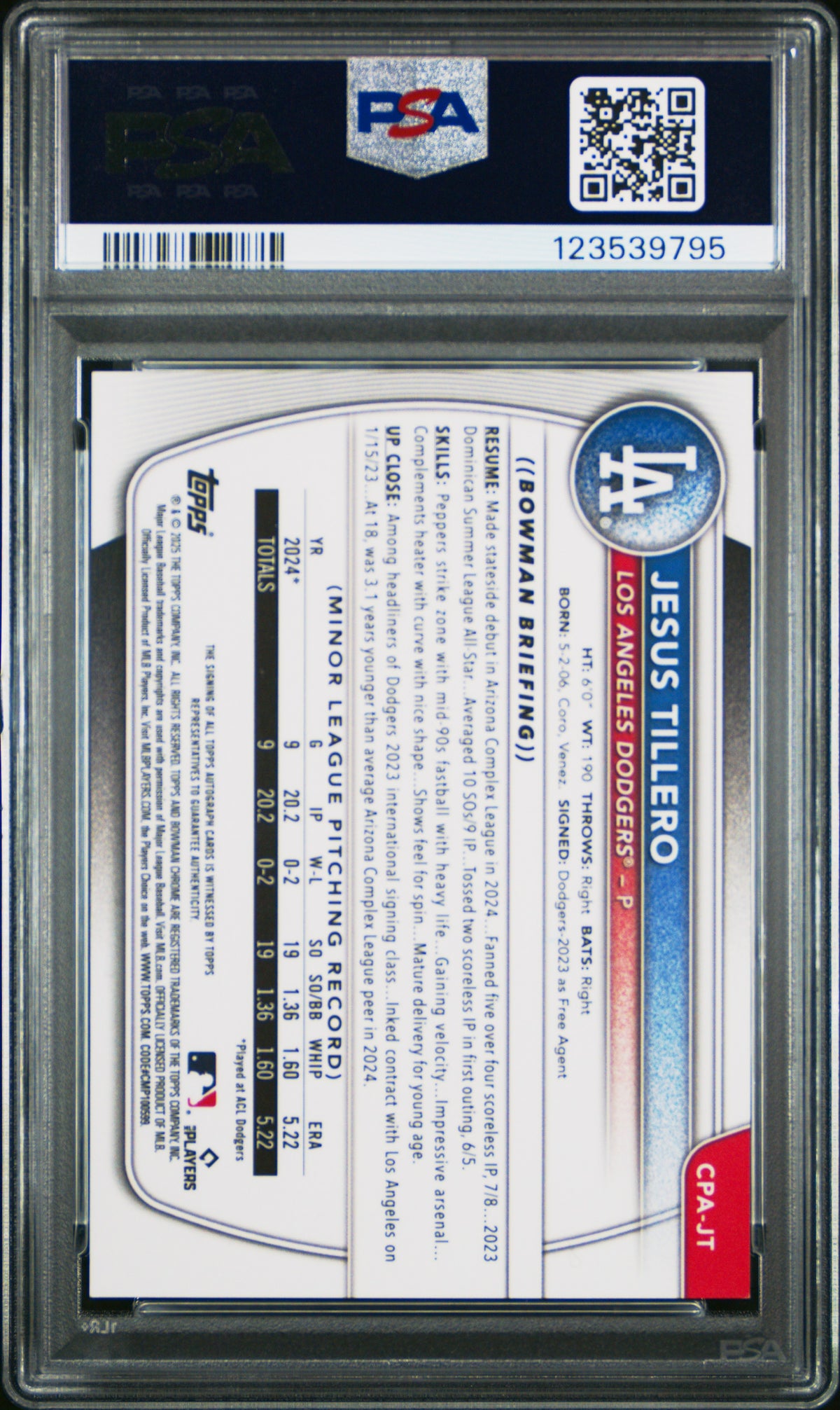 2025 Bowman Chrome Prospect Autographs Jesus Tillero #CPAJT PSA 9