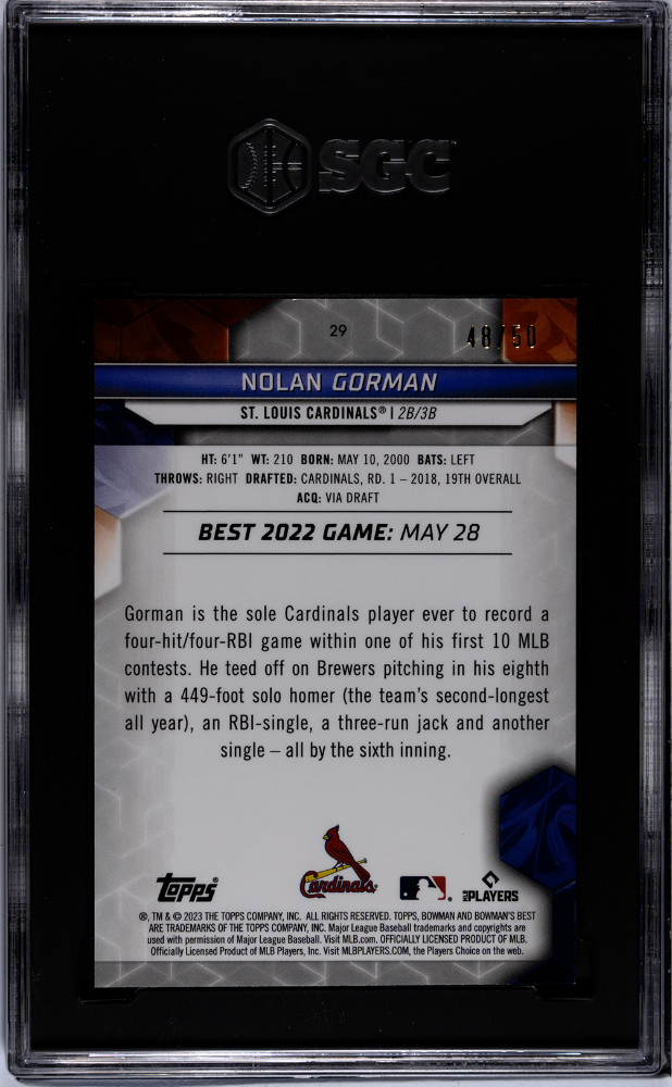 2023 Bowman's Best Nolan Gorman #29 Gold Refractor SGC 9