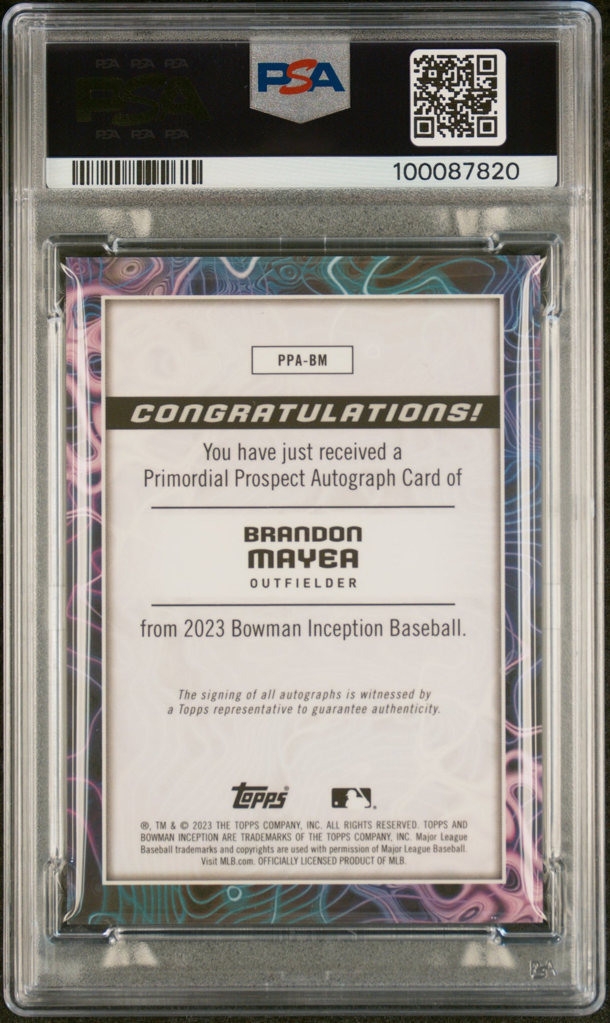 2023 Bowman Inception Primordial Prospects Auto Brandon Mayea #PPABM /99 PSA 9