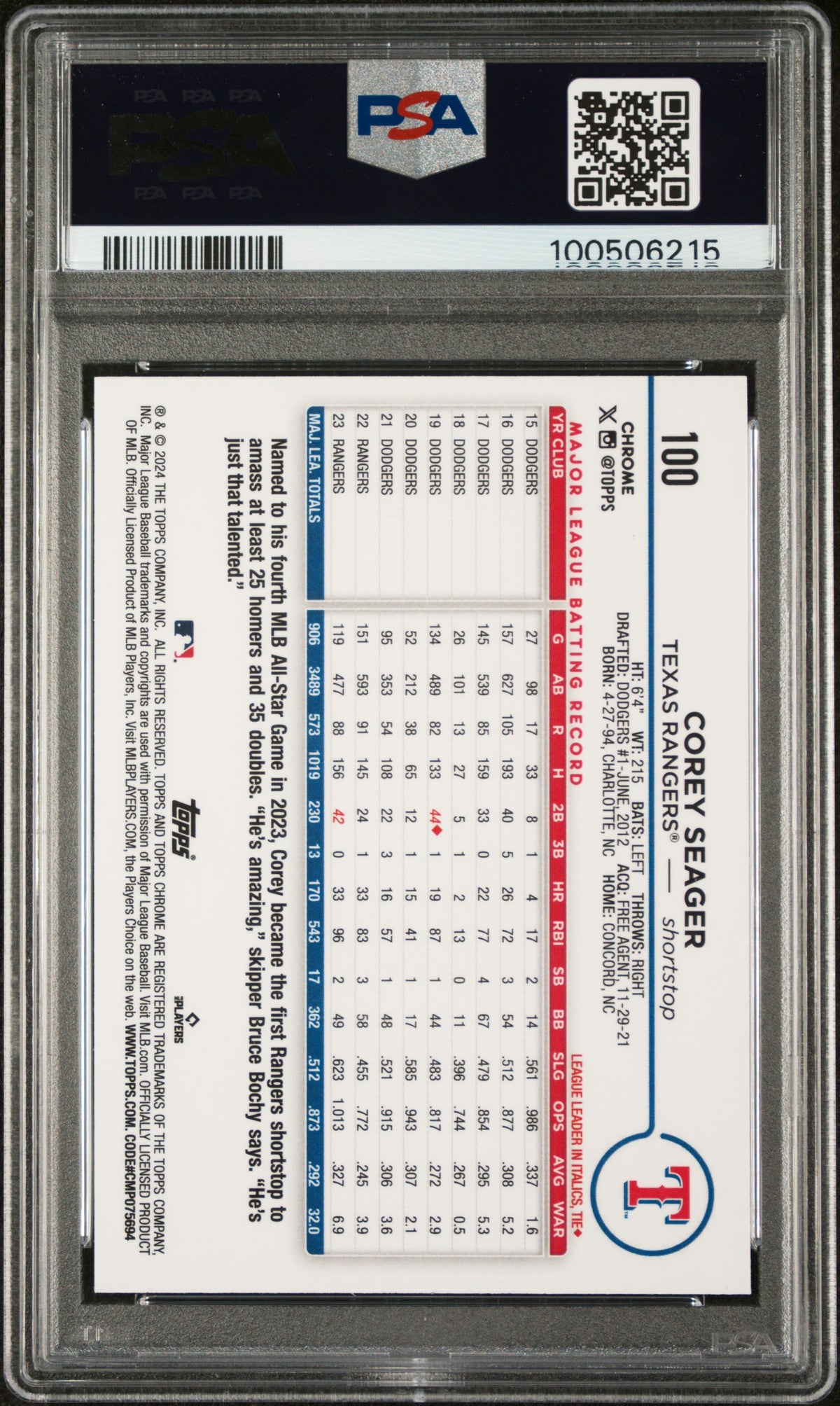 2024 Topps Chrome Corey Seager #100 Purple Refractor PSA 9