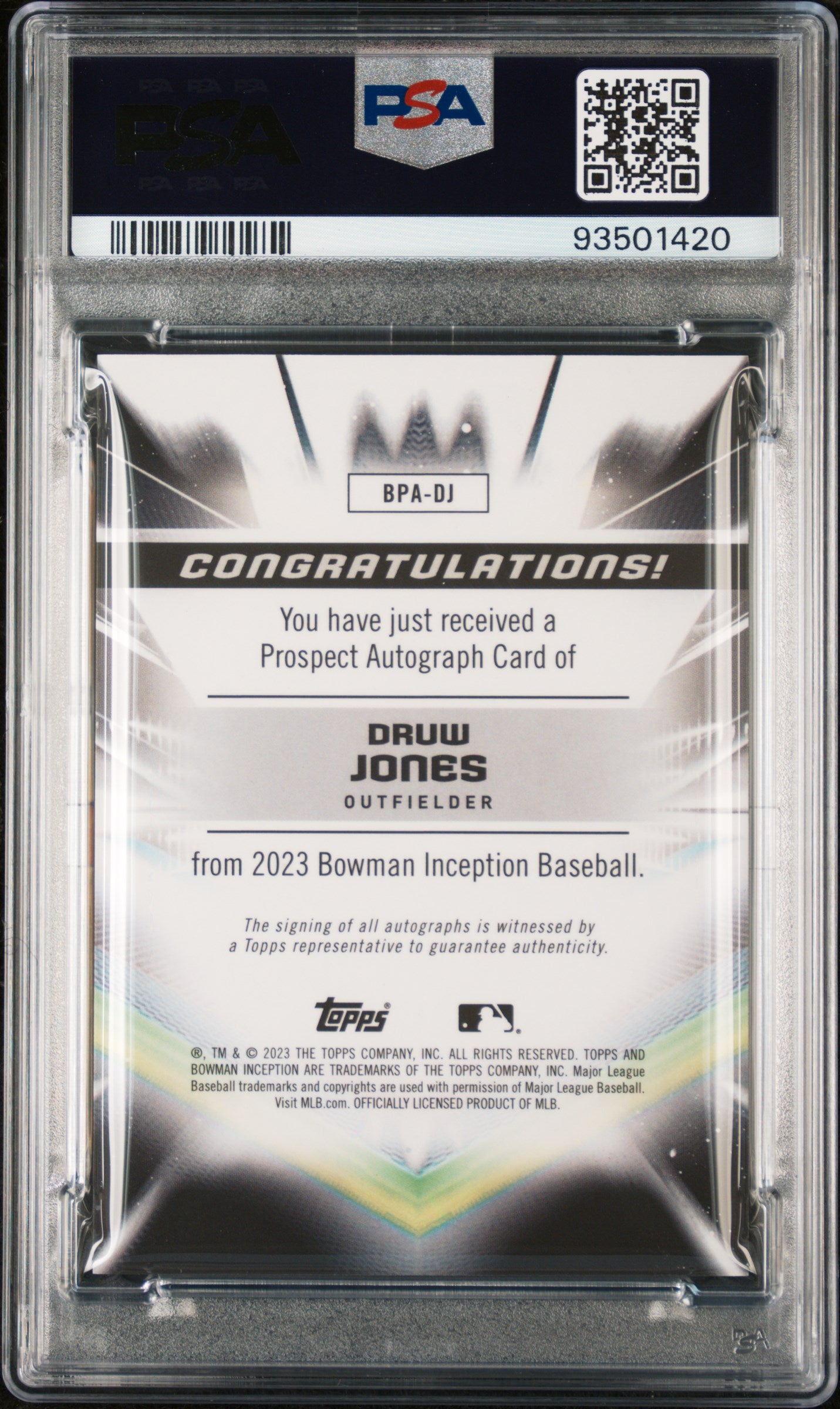 2023 Bowman Inception Autographs Druw Jones #BPADJ Gold Foil 12/50 PSA 9