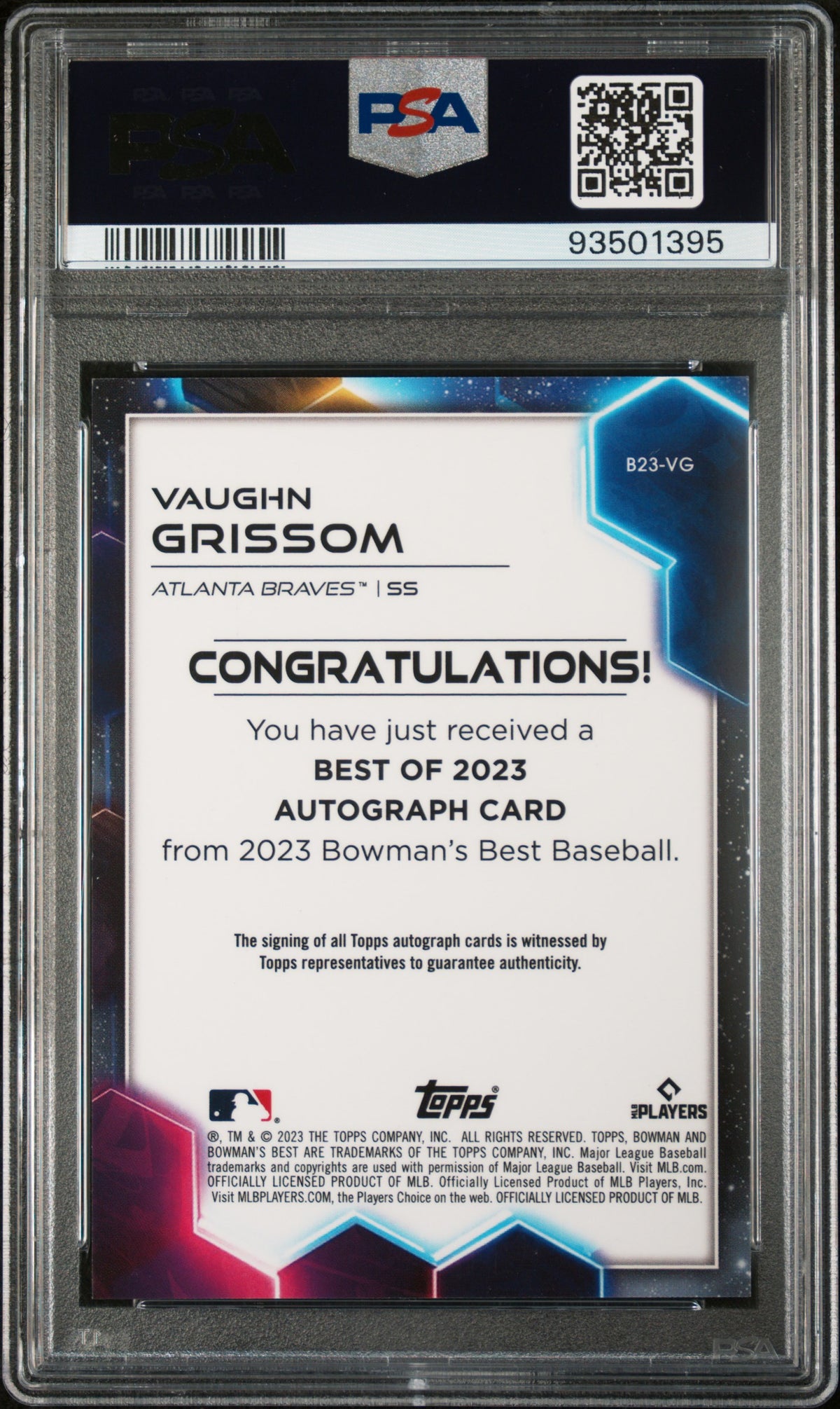 2023 Bowman's Best Best Of 2023 Autographs Vaughn Grissom #B23VG Gold /75 PSA 10