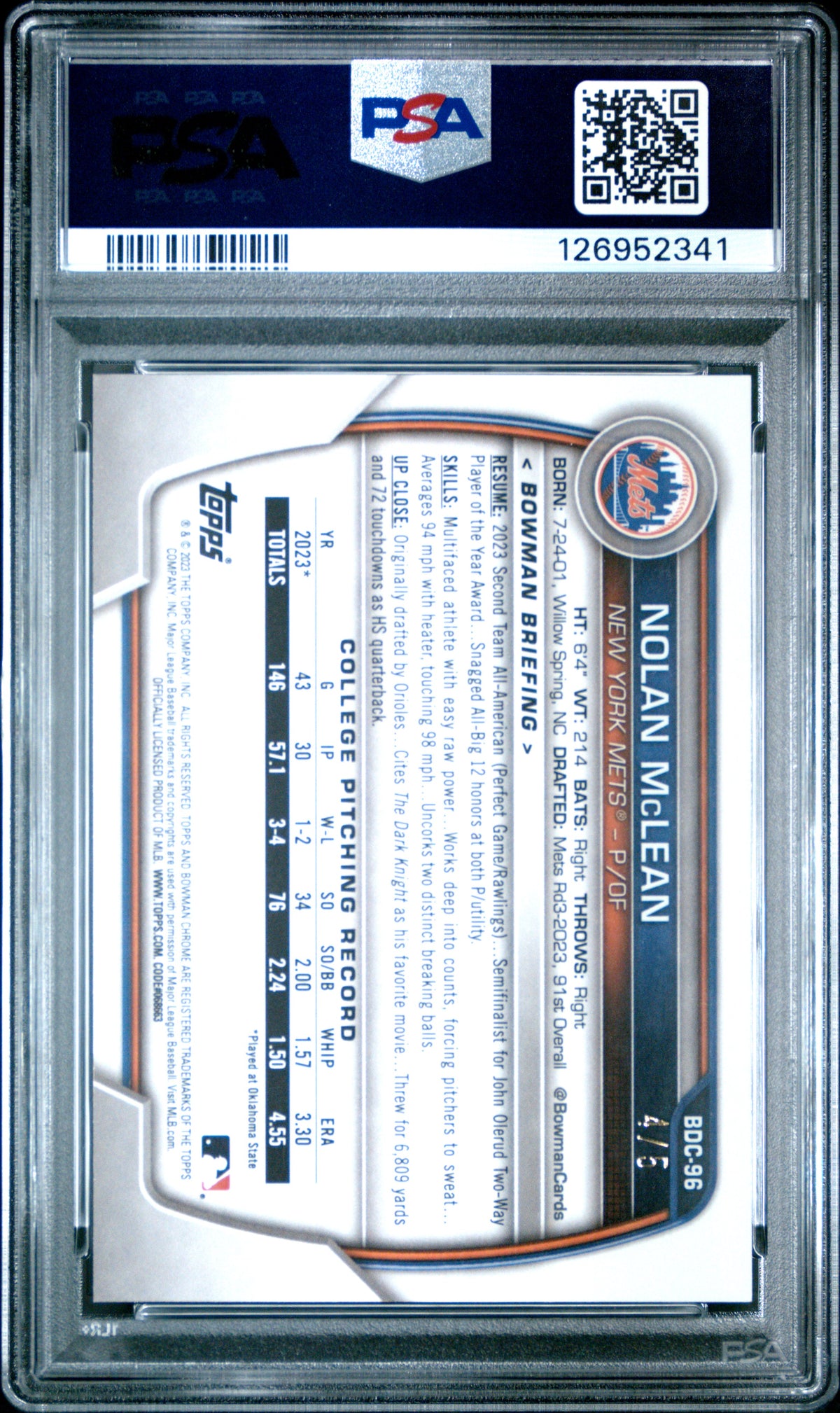 2023 Bowman Draft Sapphire Edition Nolan Mclean #BDC96 Red PSA 9