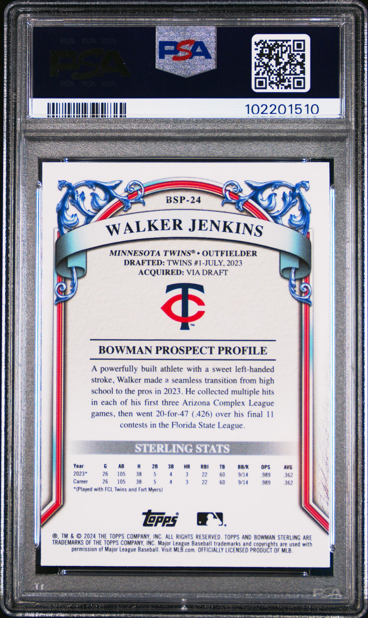 2024 Bowman Sterling Prospects Walker Jenkins #BSP24 Silver Ref PSA 10