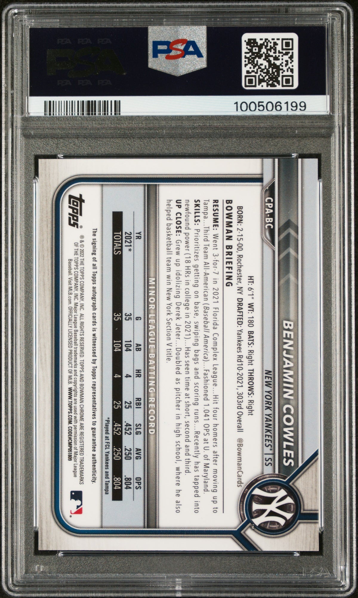 2022 Bowman Chrome Prospect Autographs Benjamin Cowles #CPABC PSA 9