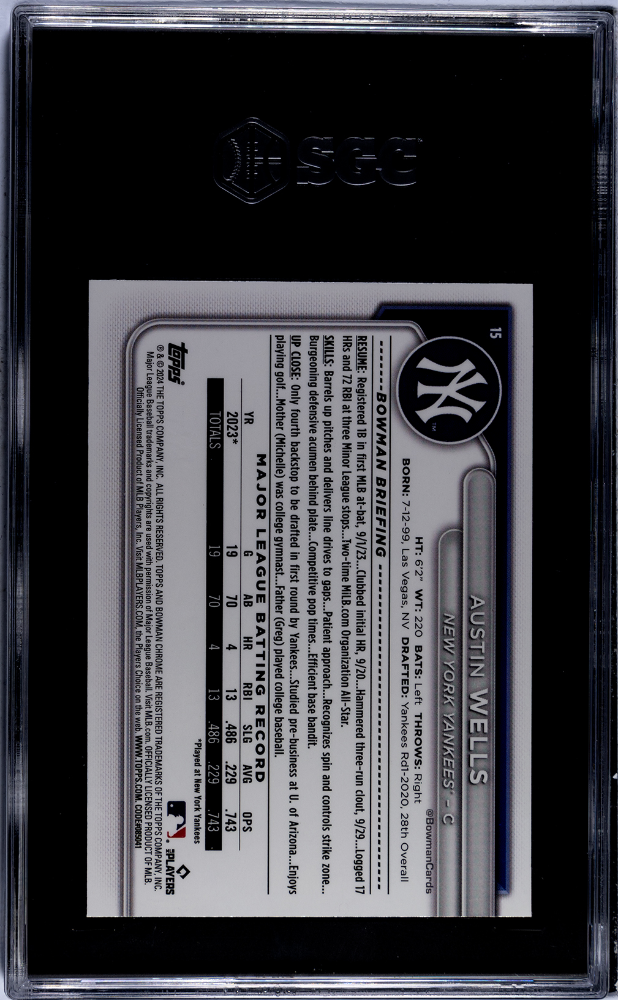 2024 Bowman Chrome Austin Wells #15 Fuchsia Refractor SGC 9.5