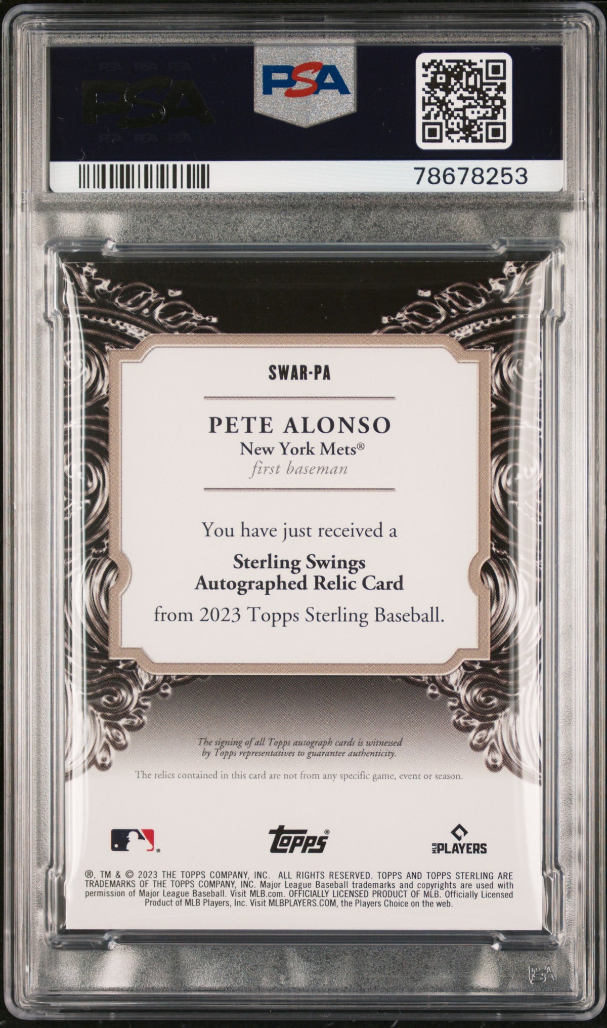 2023 Topps Sterling Sterling Swings Auto Relics Pete Alonso #SWARPA Rlcs PSA