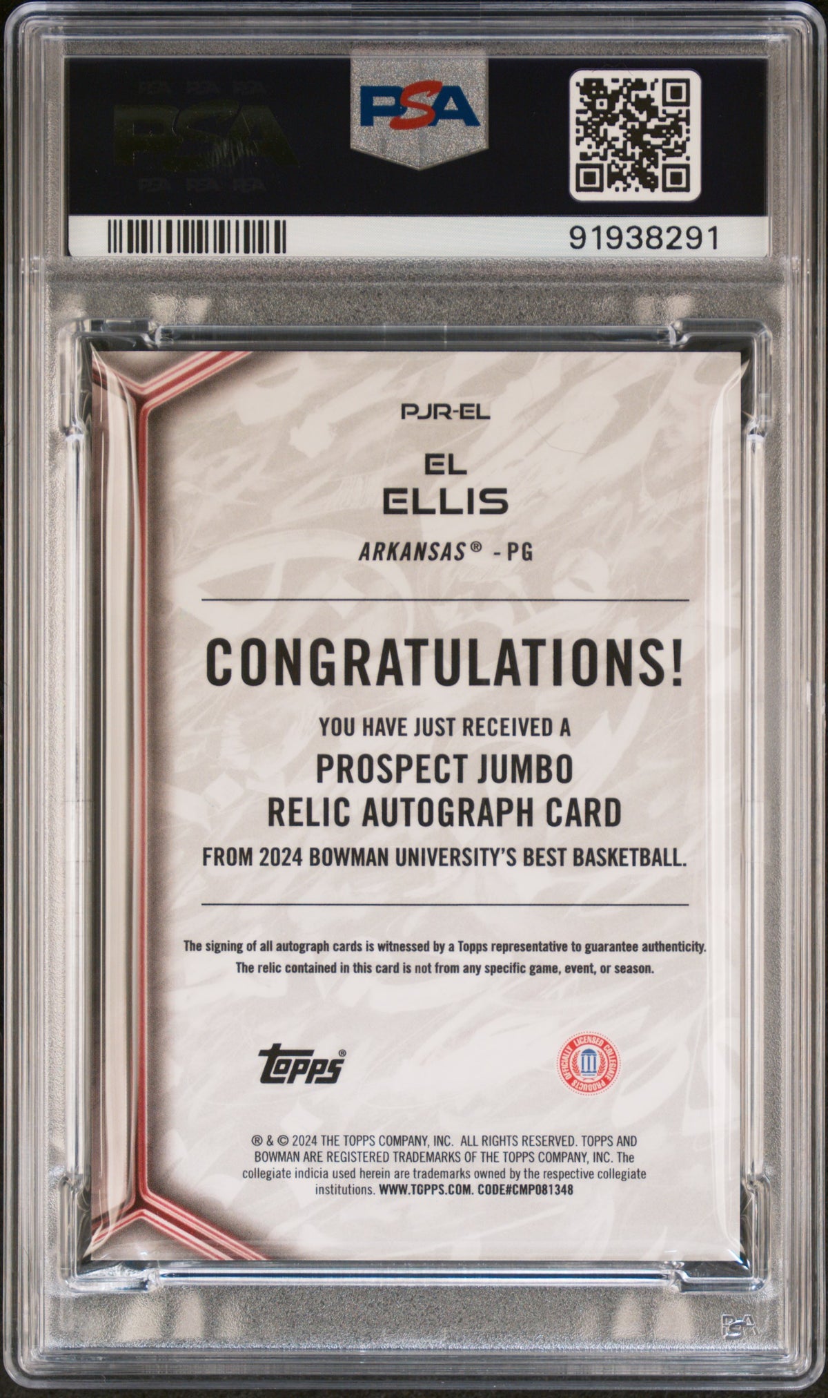 2023 Bowman University  Prospect Jumbo Relic Autog El Ellis #PJREL 15/49 PSA 9