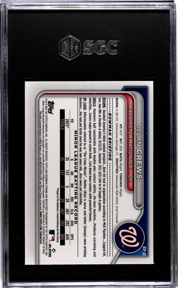 2024 Bowman Sapphire Dylan Crews #BCP-23 Chrome Prospect Yellow SGC 8