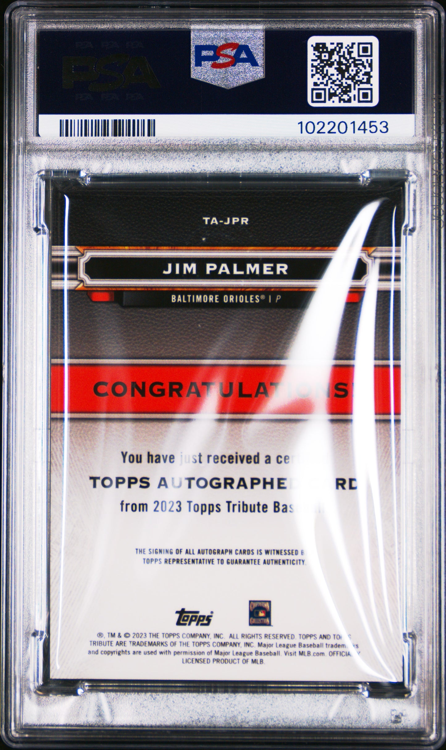 2023 Topps Tribute Tribute Autograph Jim Palmer #TAJPR Purple 39/50 PSA 9