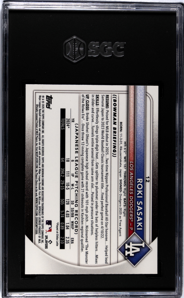 2025 Bowman Roki Sasaki #12 Red Rookie Redemption SGC 8.5