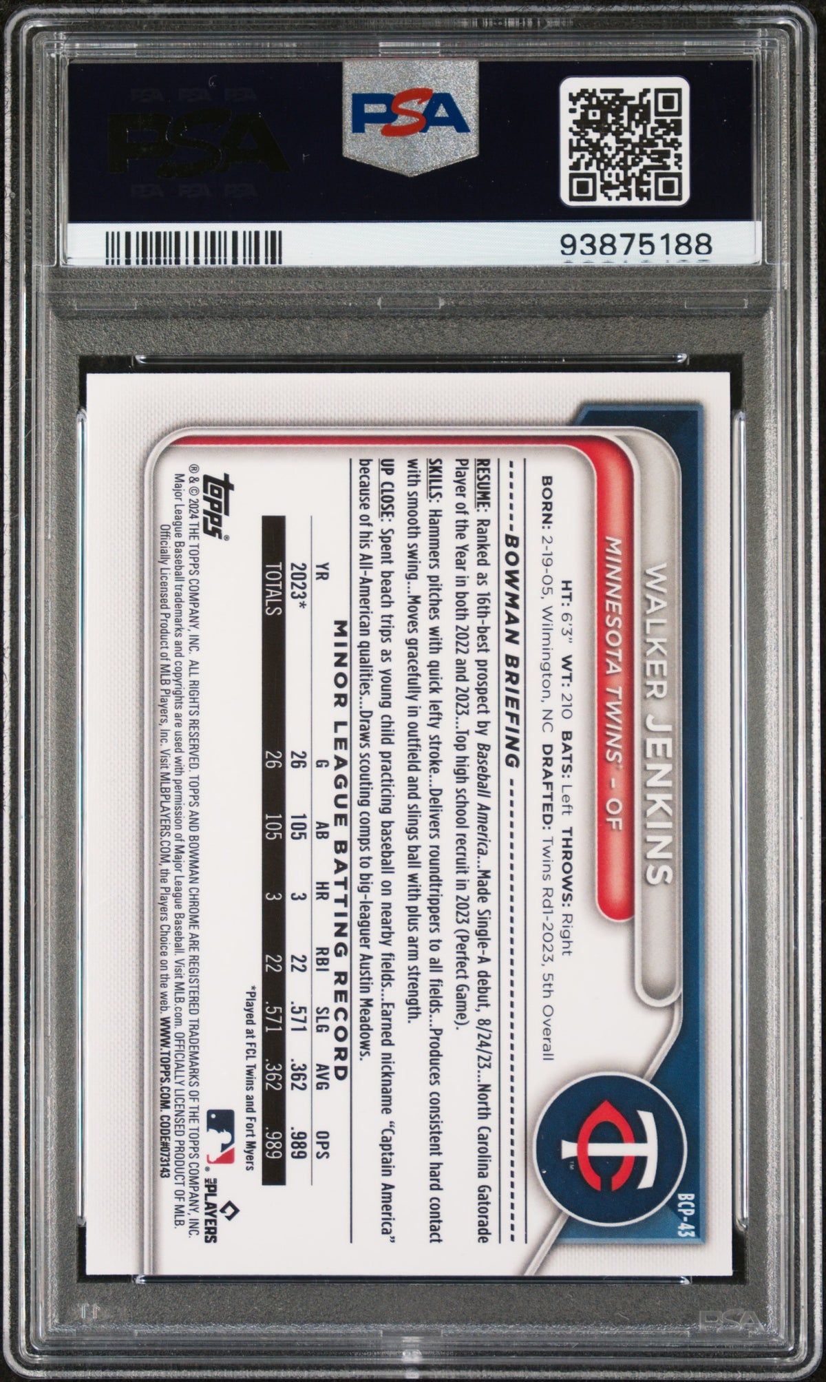 2024 Bowman Chrome Prospects Walker Jenkins #BCP43 PSA 9