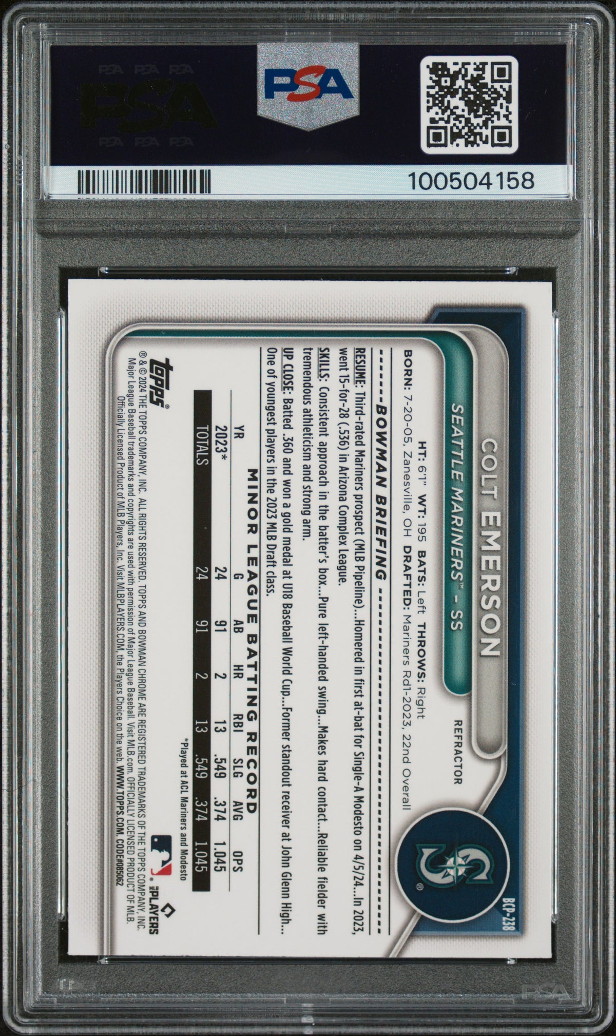 2024 Bowman Chrome Prospects Colt Emerson #BCP238 Refractor 099/499 PSA 9