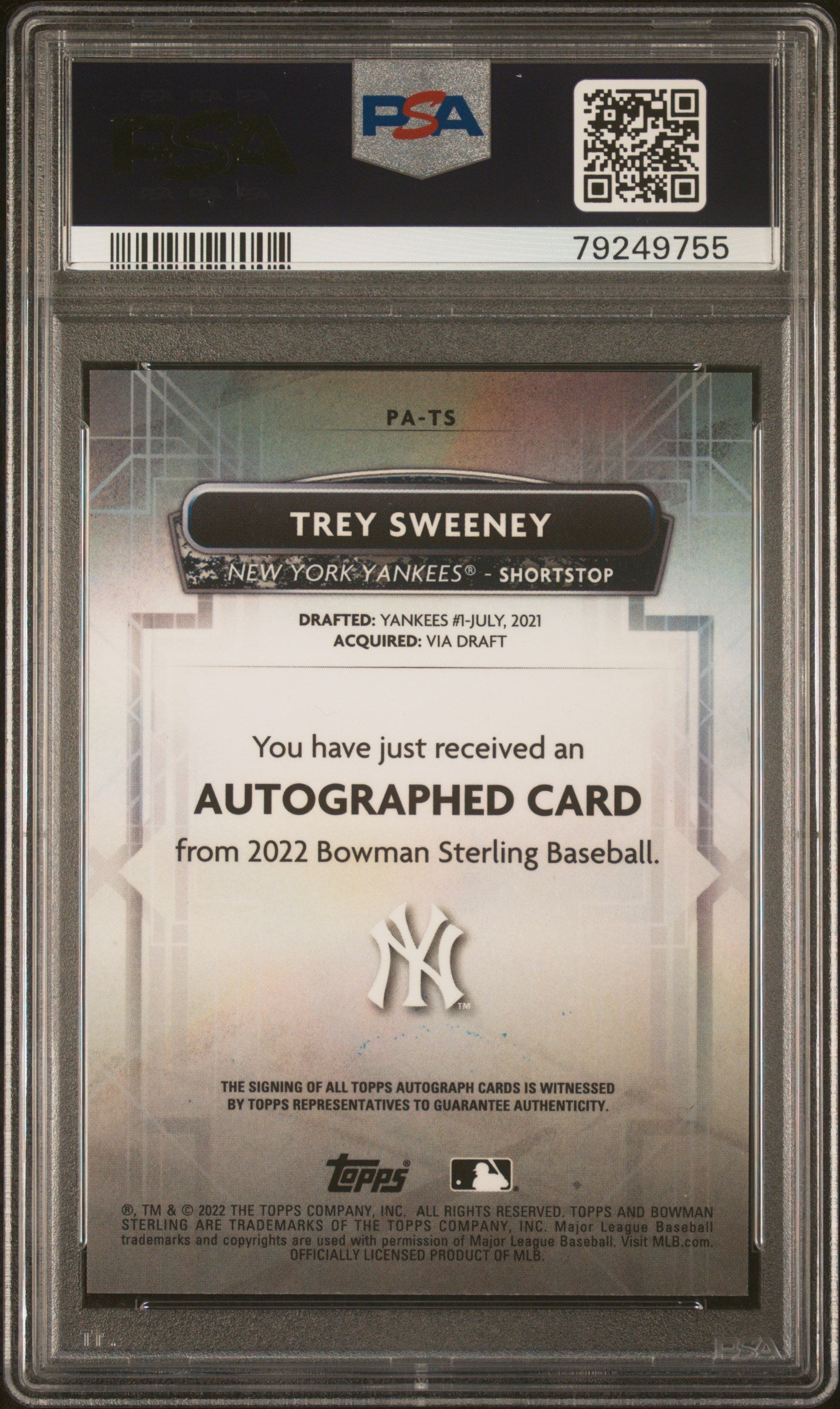 2022 Bowman Sterling Prospect Autographs Trey Sweeney #PATS PSA 10 Auto 10