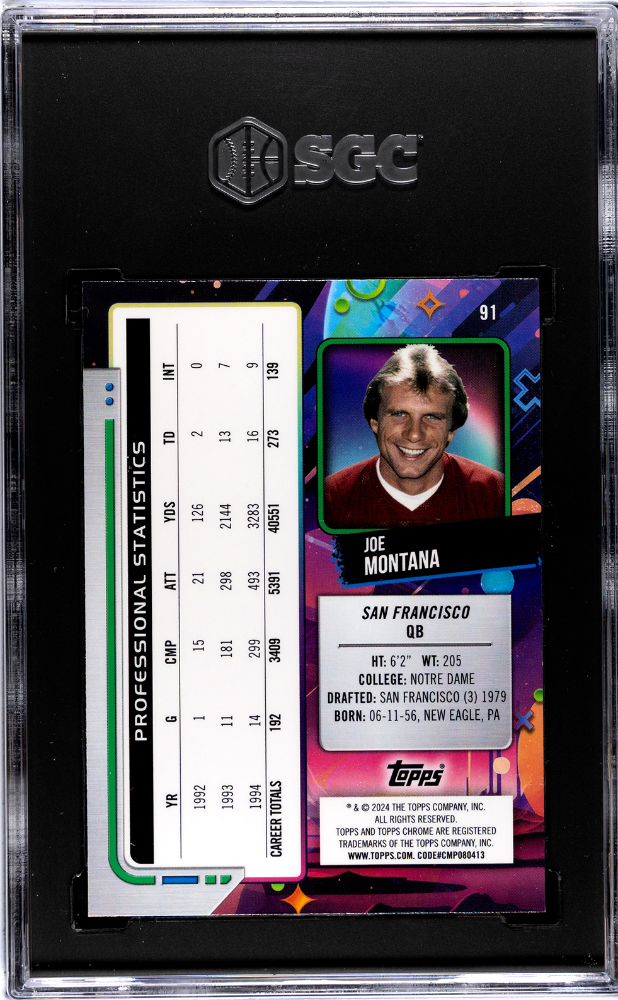 2024 Topps Cosmic Chrome Joe Montana #91 Purple Nebula Refractor SGC 9.5