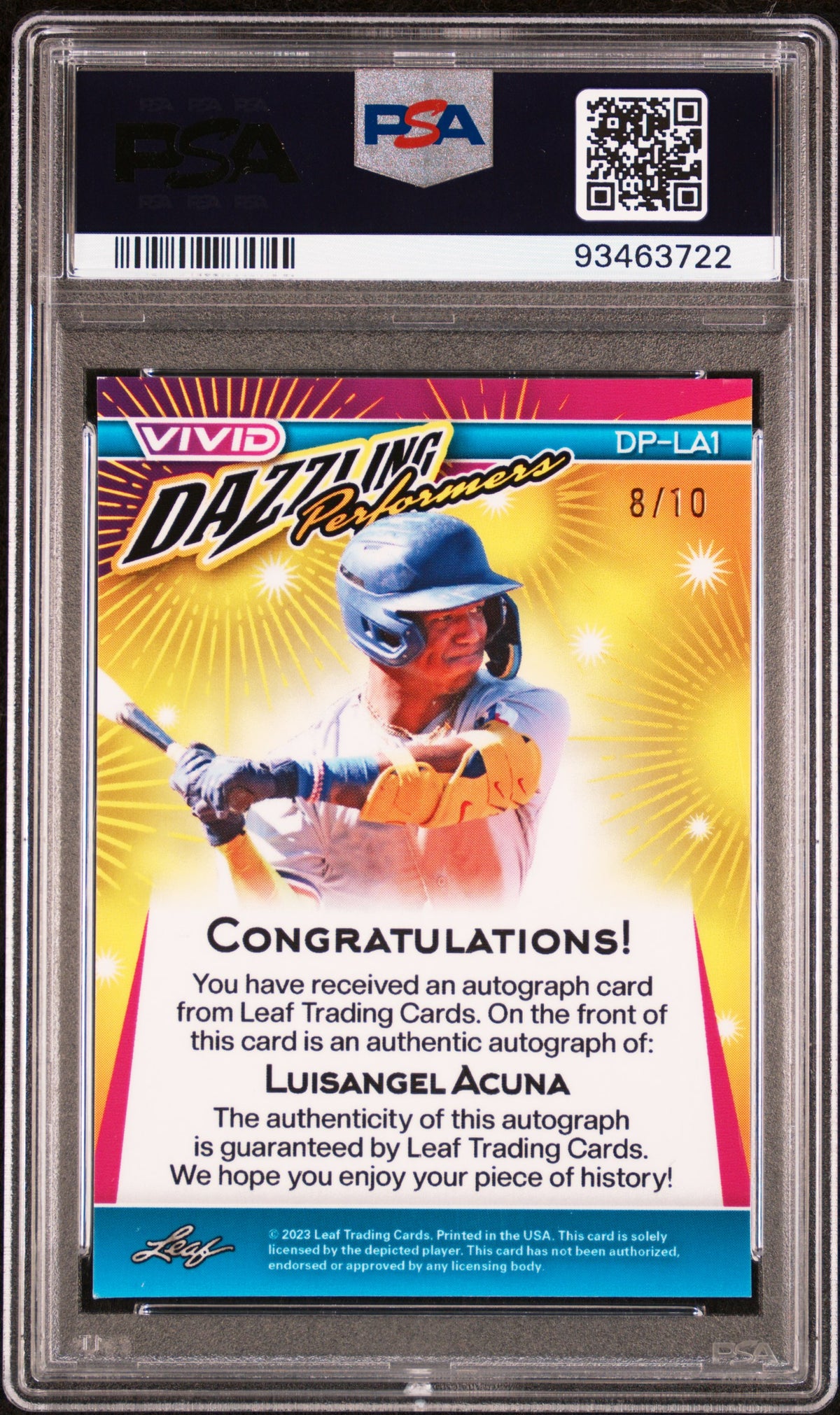 2023 Leaf Vivid Dazzling  Auto Luisangel Acuna #DPLA1 DP Yellow Crystal PSA 9