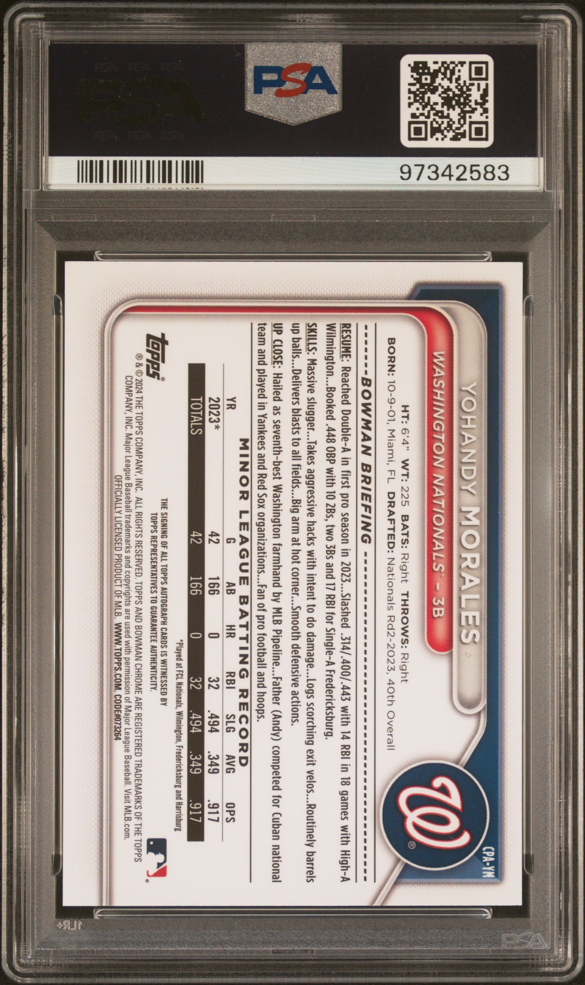 2024 Bowman Chrome Prospect Auto Yohandy Morales #CPAYM  Blu Lunar Ref/150 PSA 9