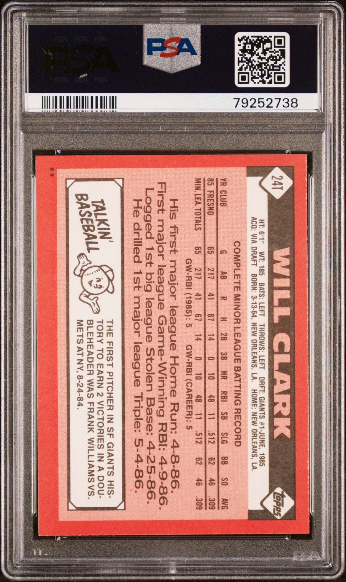 1986 Topps Traded Will Clark #24T PSA 8