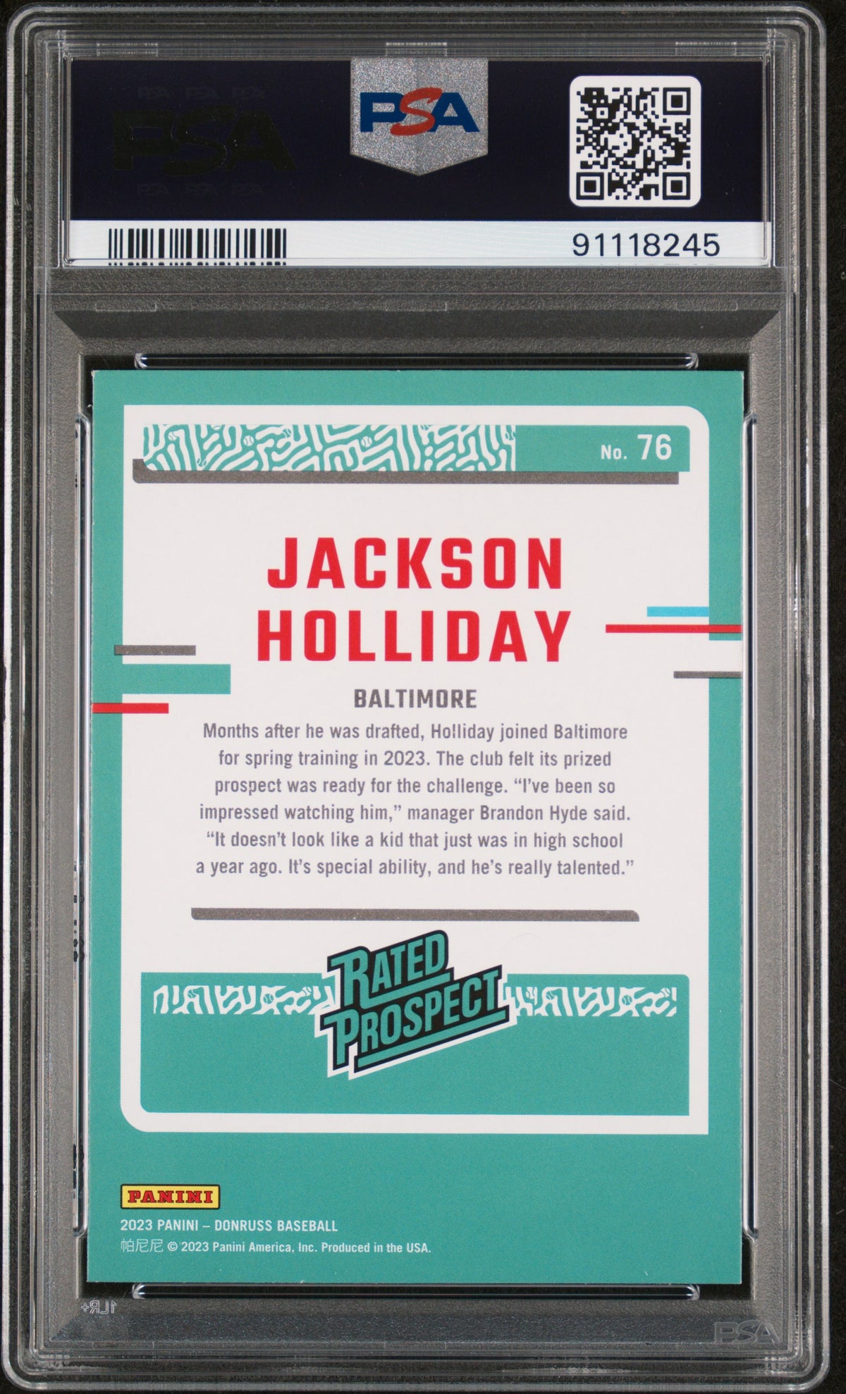 2023 Panini Donruss Jackson Holliday #76 Holo Blue PSA 9