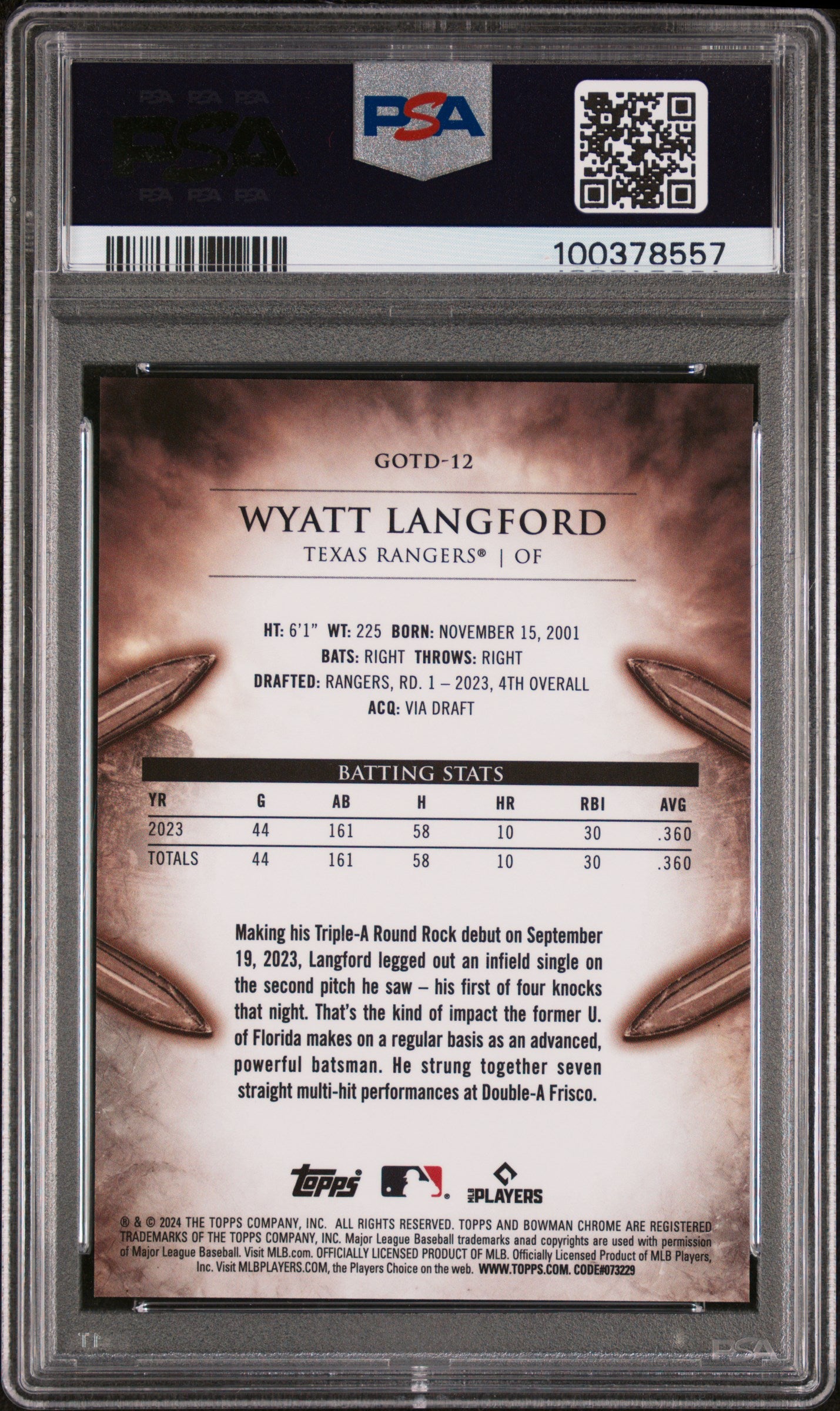2024 Bowman Gladiators Of The Diamond Wyatt Langford #GOTD12 PSA 10