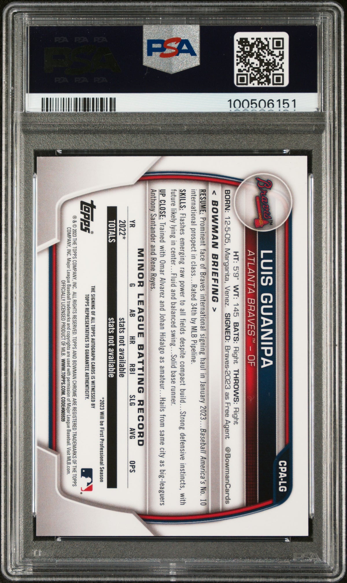 2023 Bowman Chrome Prospect Auto Luis Guanipa #CPALG Purple /250 PSA 9